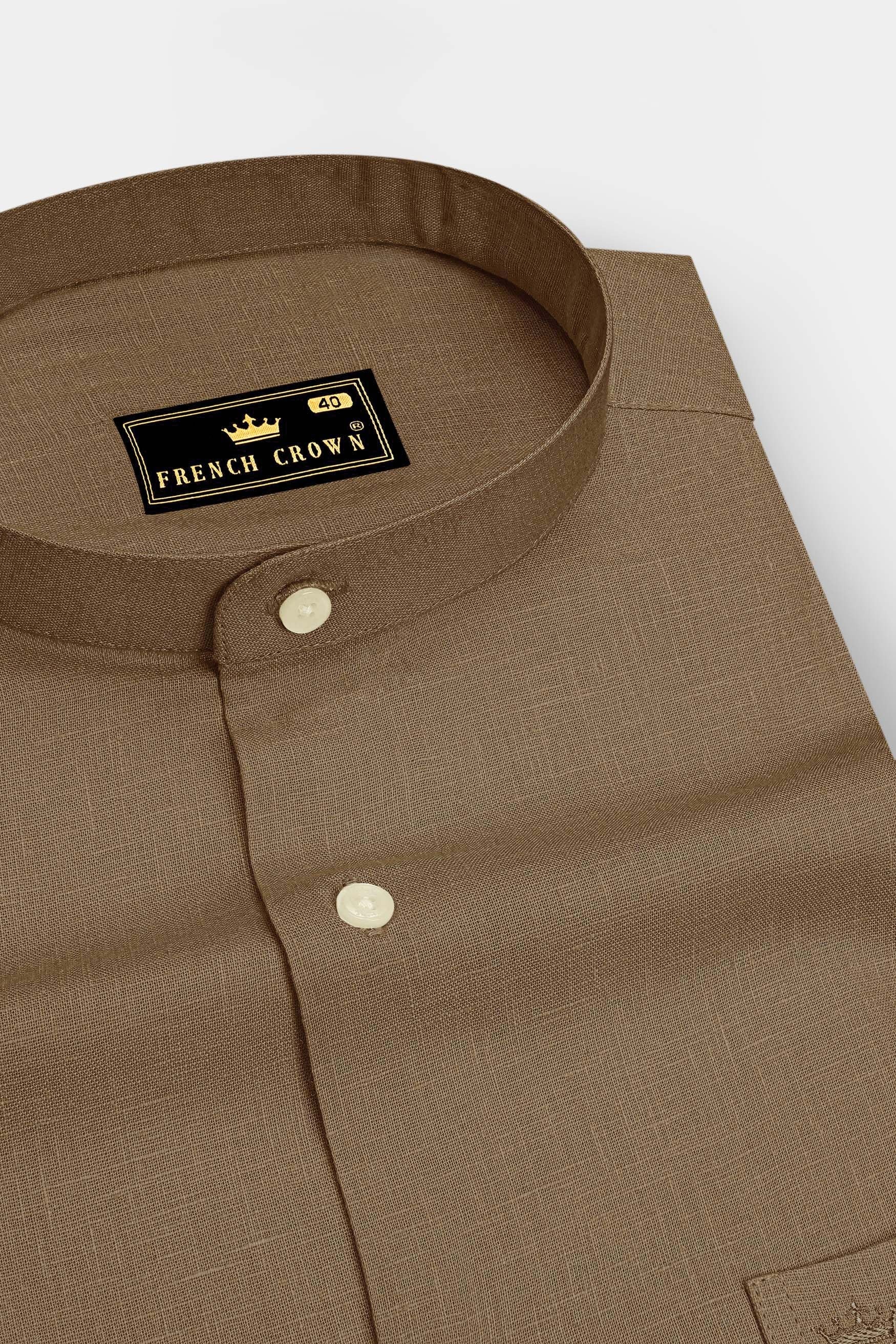 Toast-Pastel Brown Luxurious Linen Mandarin Dress Shirt