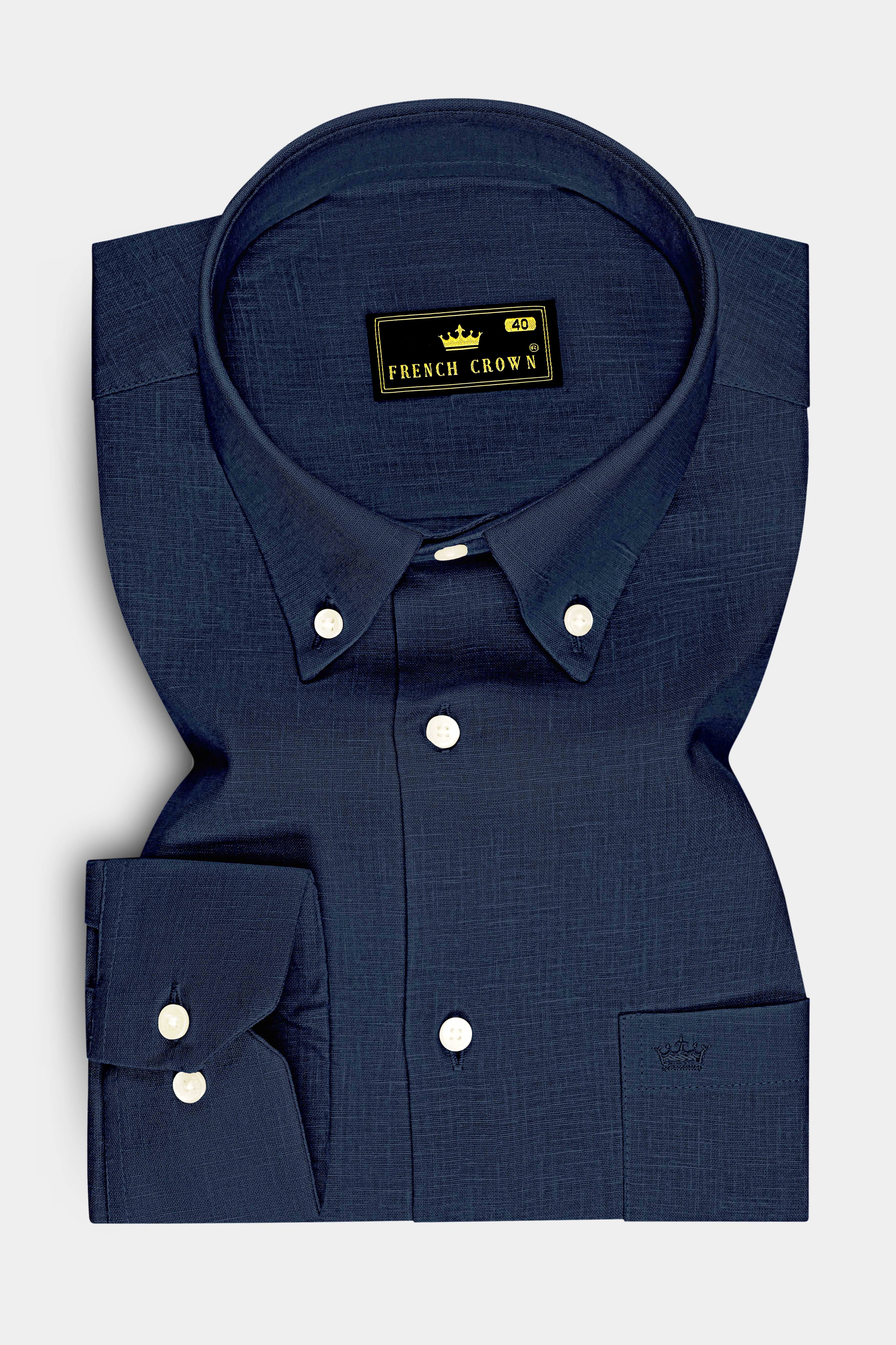 Mariner-Bunker Blue Luxurious Linen Button Down Dress Shirt