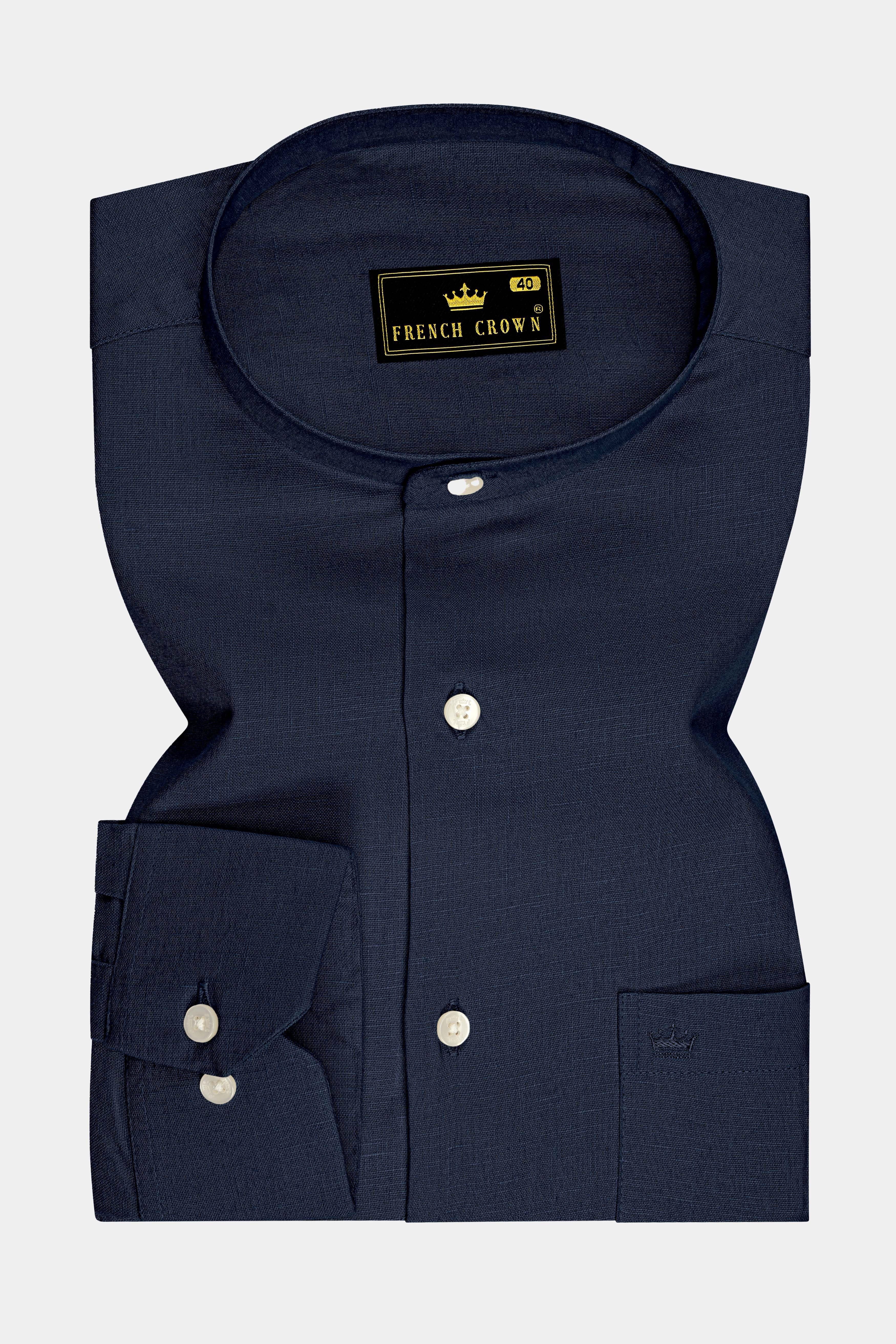 Mariner-Bunker Blue Luxurious Linen Mandarin Dress Shirt