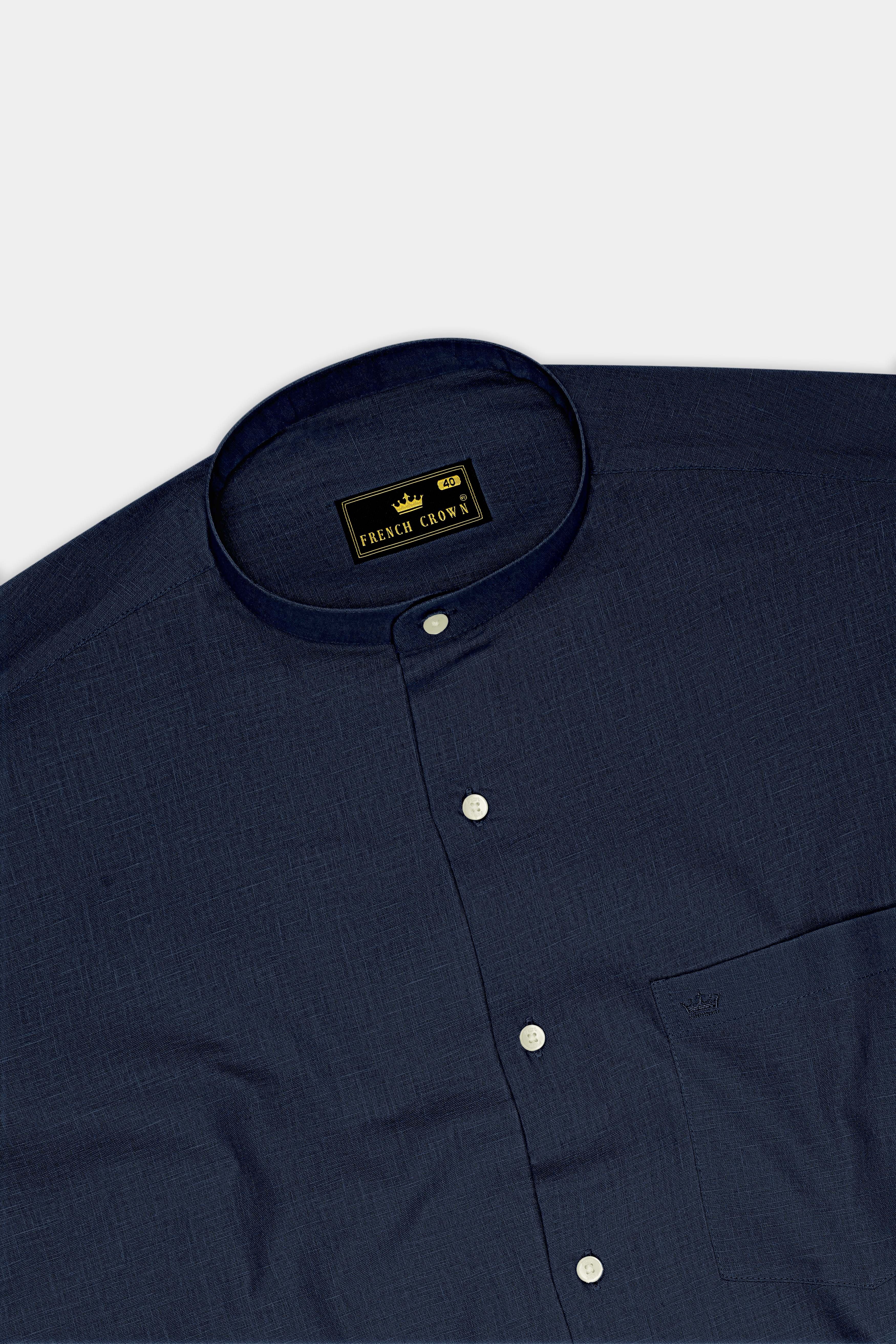Mariner-Bunker Blue Luxurious Linen Mandarin Dress Shirt