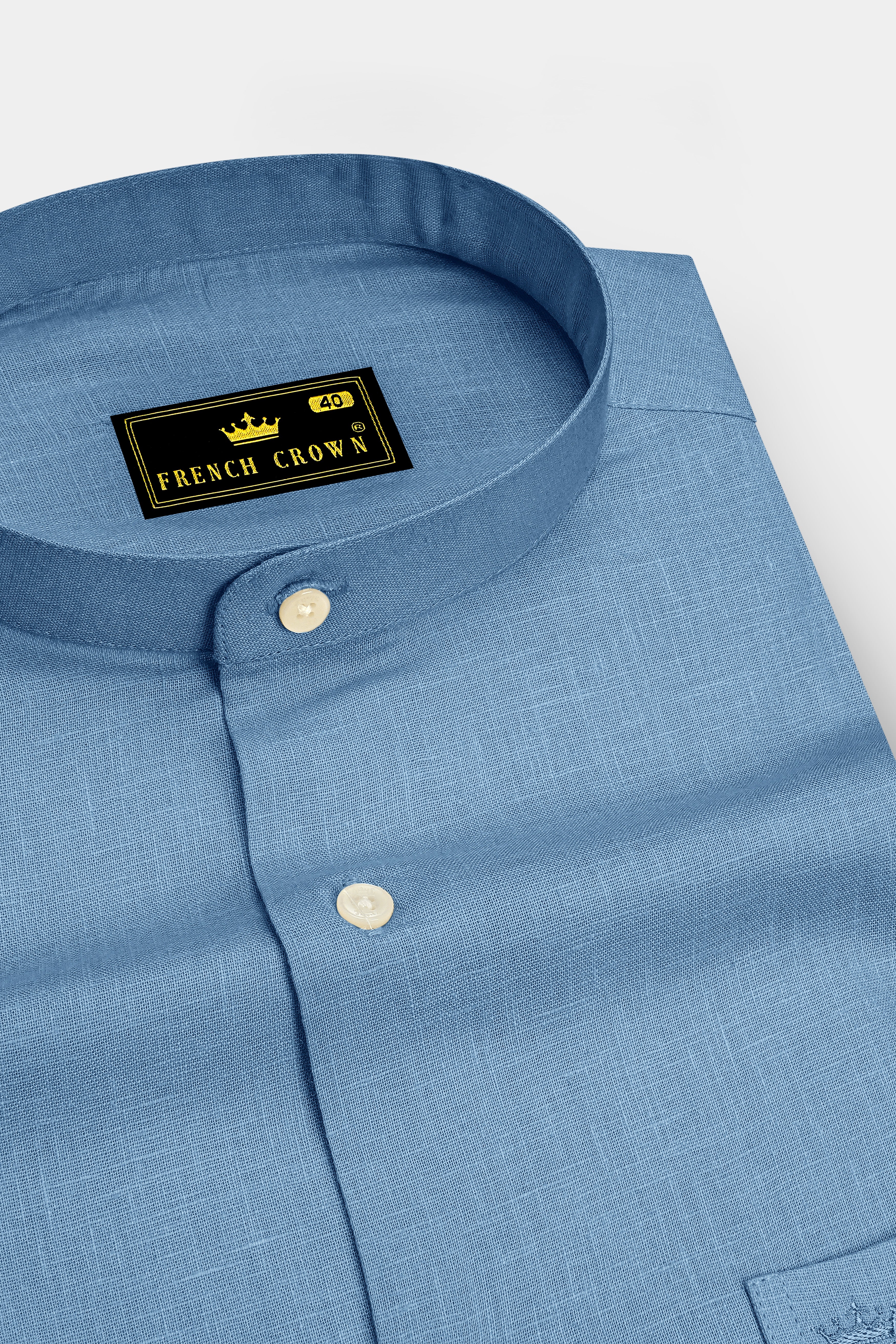 Azure-Lynch Blue Luxurious Linen Mandarin Dress Shirt
