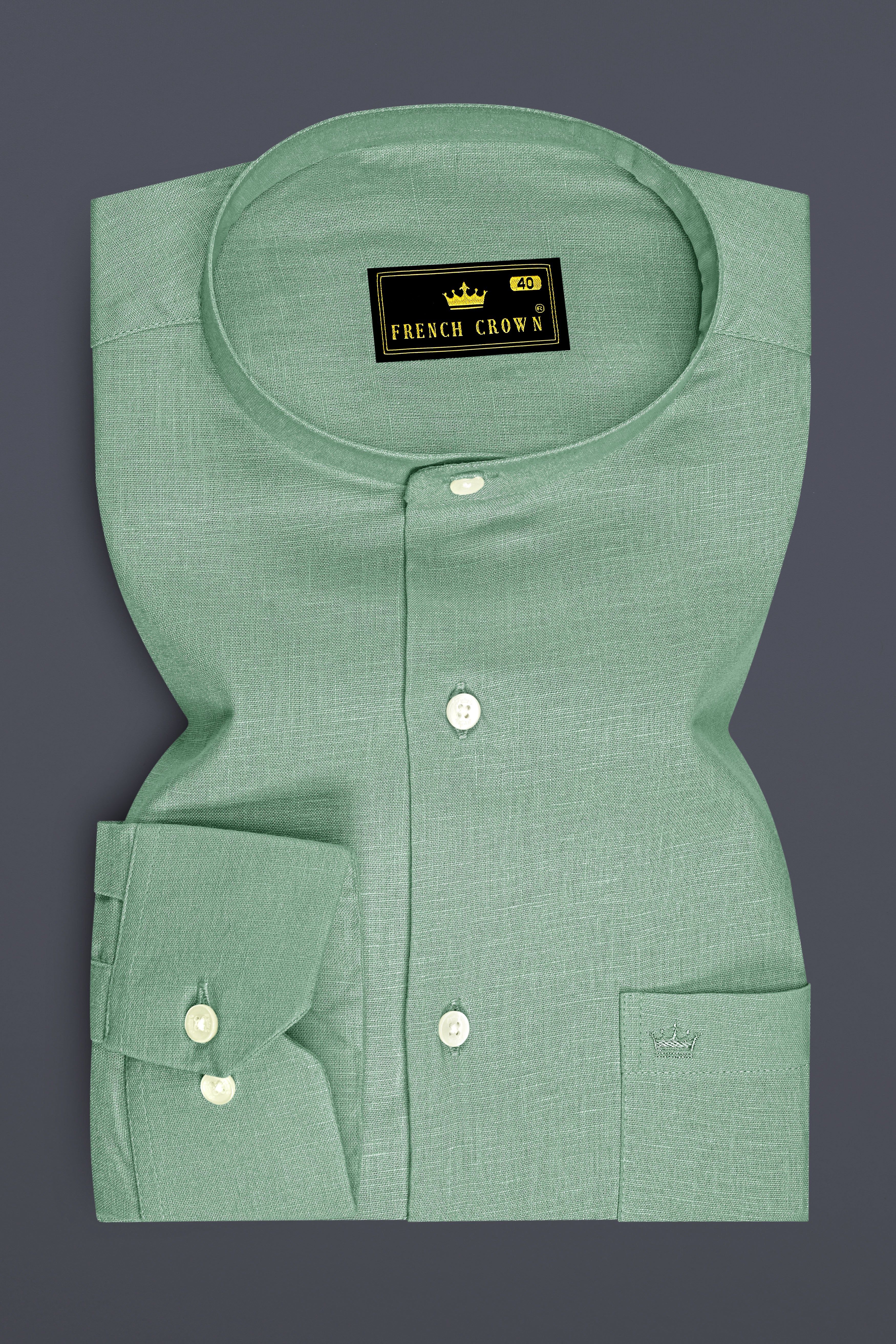 Verdant-Mantle Green Luxurious Linen Mandarin Dress Shirt