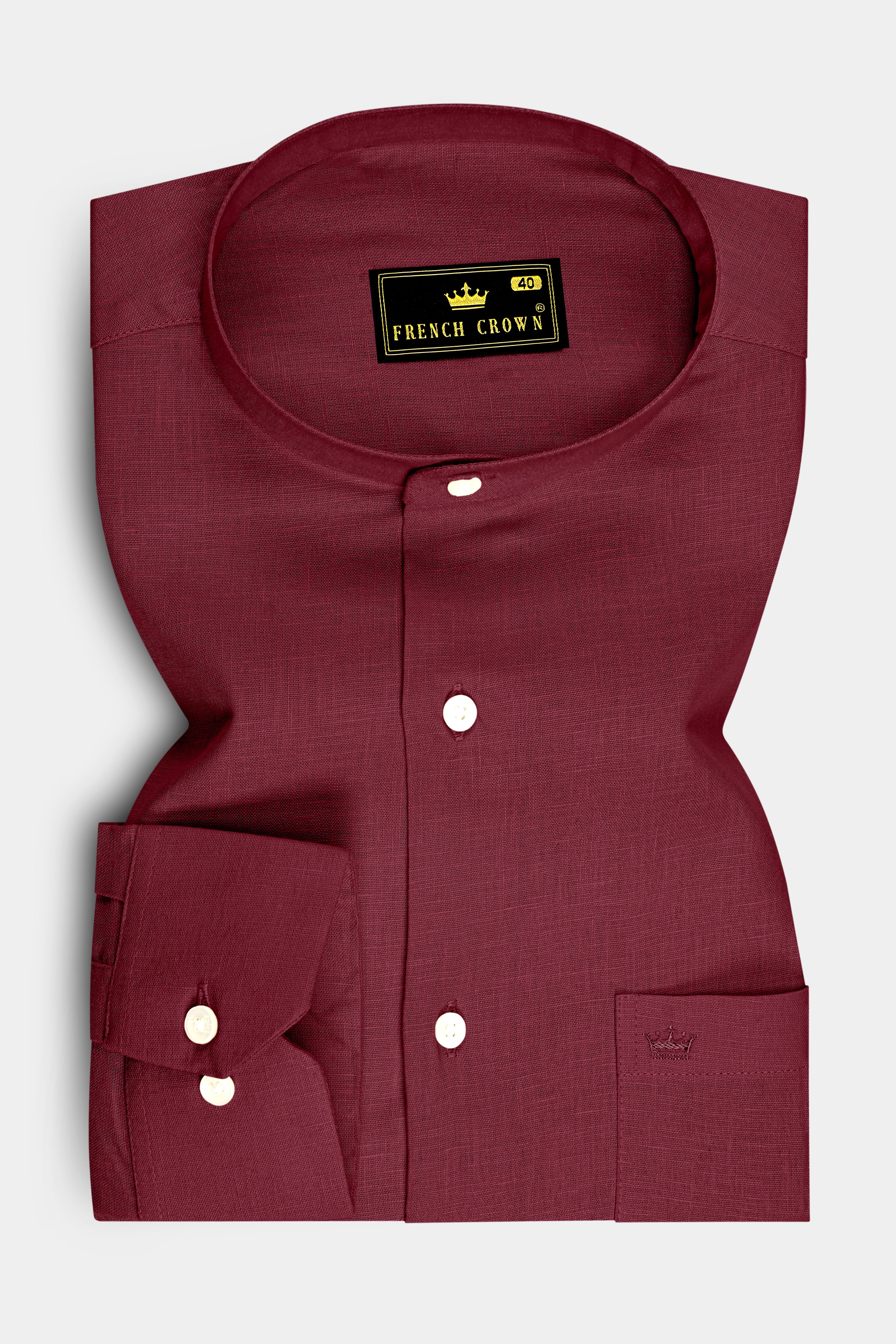 Merlot-Wine Berry Maroon Luxurious Linen Mandarin Dress Shirt