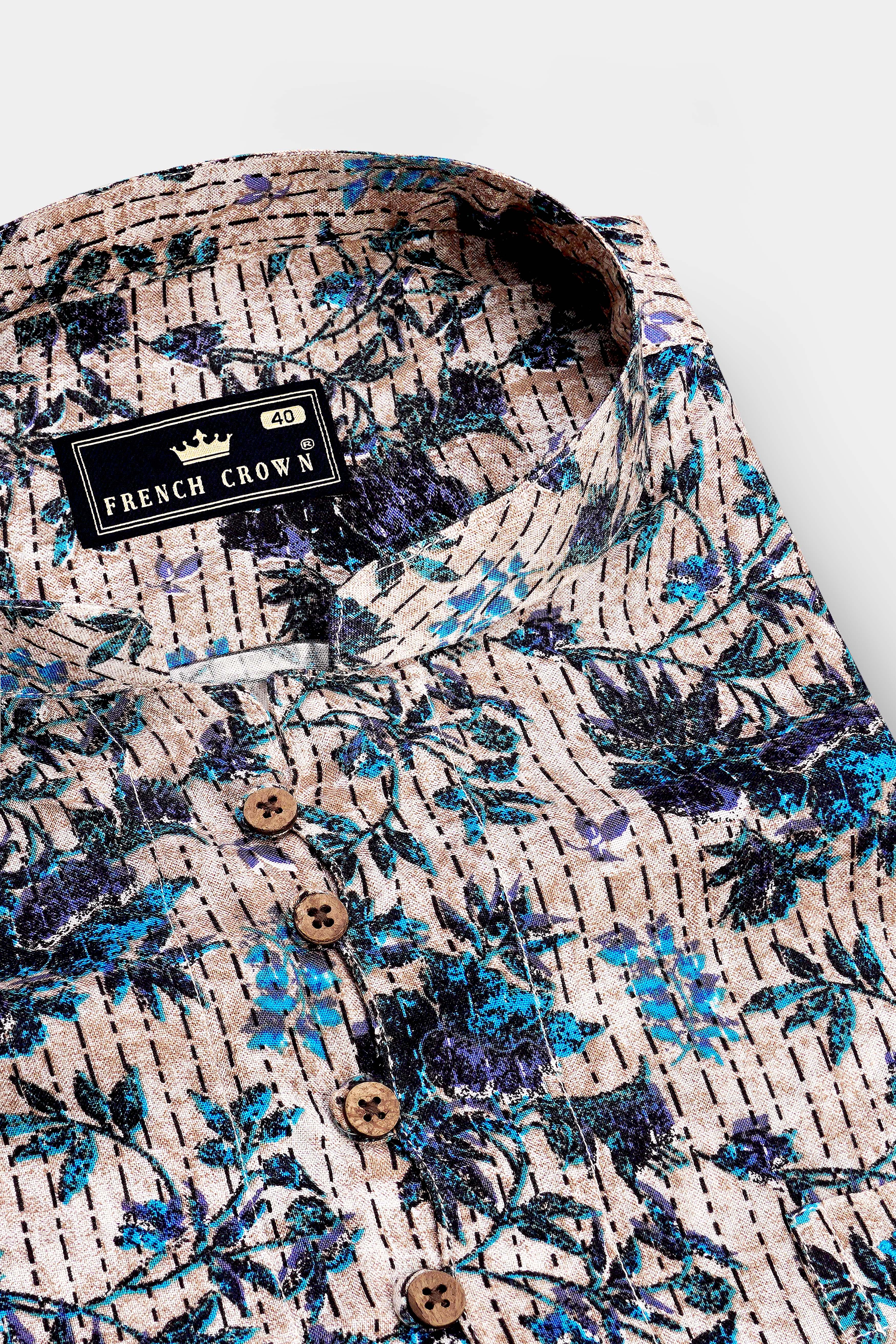 Virelle-Rodeo Cream And Curious Blue Floral Vine Printed Super Soft Tencel Casual Kurta Shirt