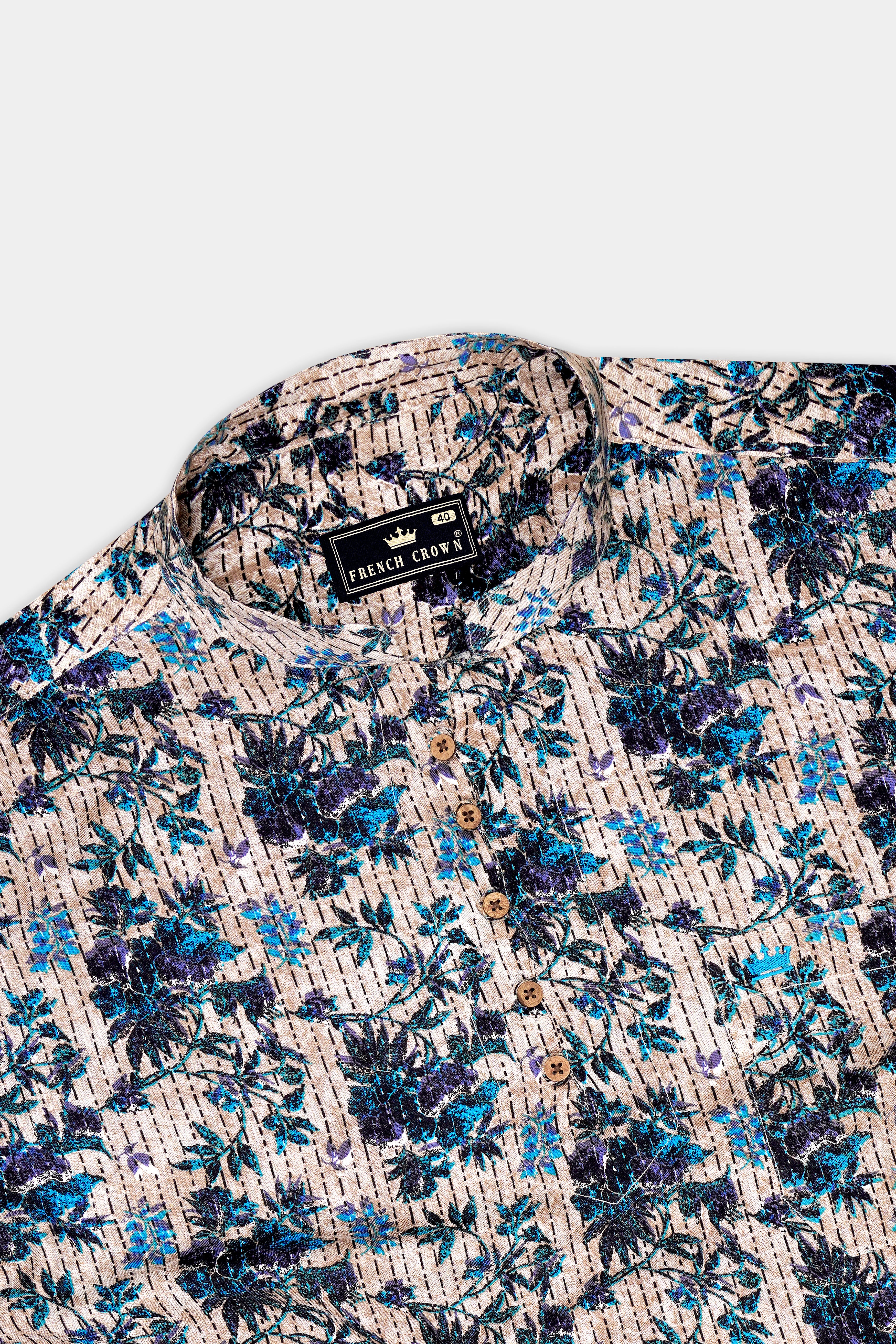 Virelle-Rodeo Cream And Curious Blue Floral Vine Printed Super Soft Tencel Casual Kurta Shirt