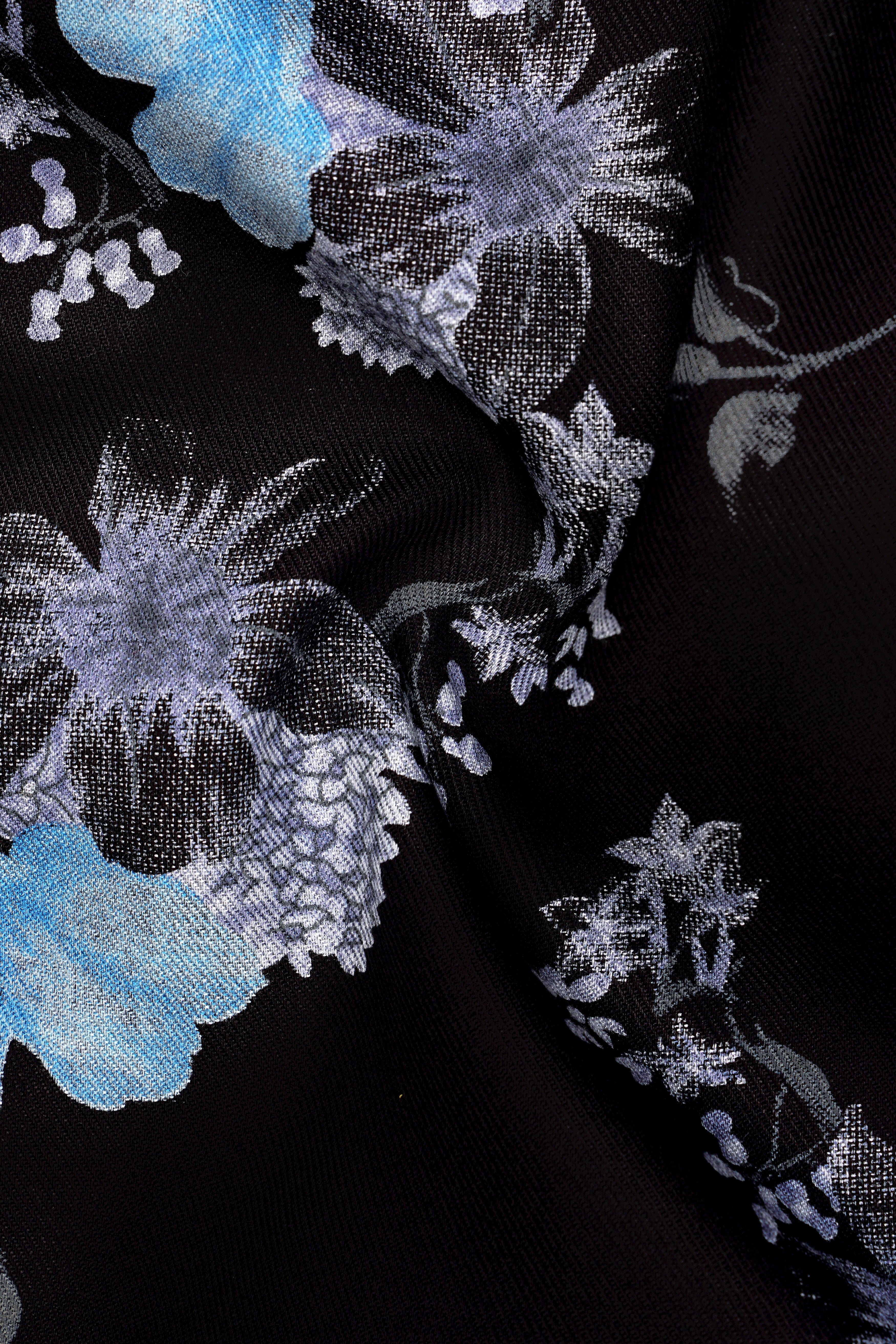 Obsidian-Jade Black And Fountain Blue Botanical Floral Printed Super Soft Tencel Casual Shirts