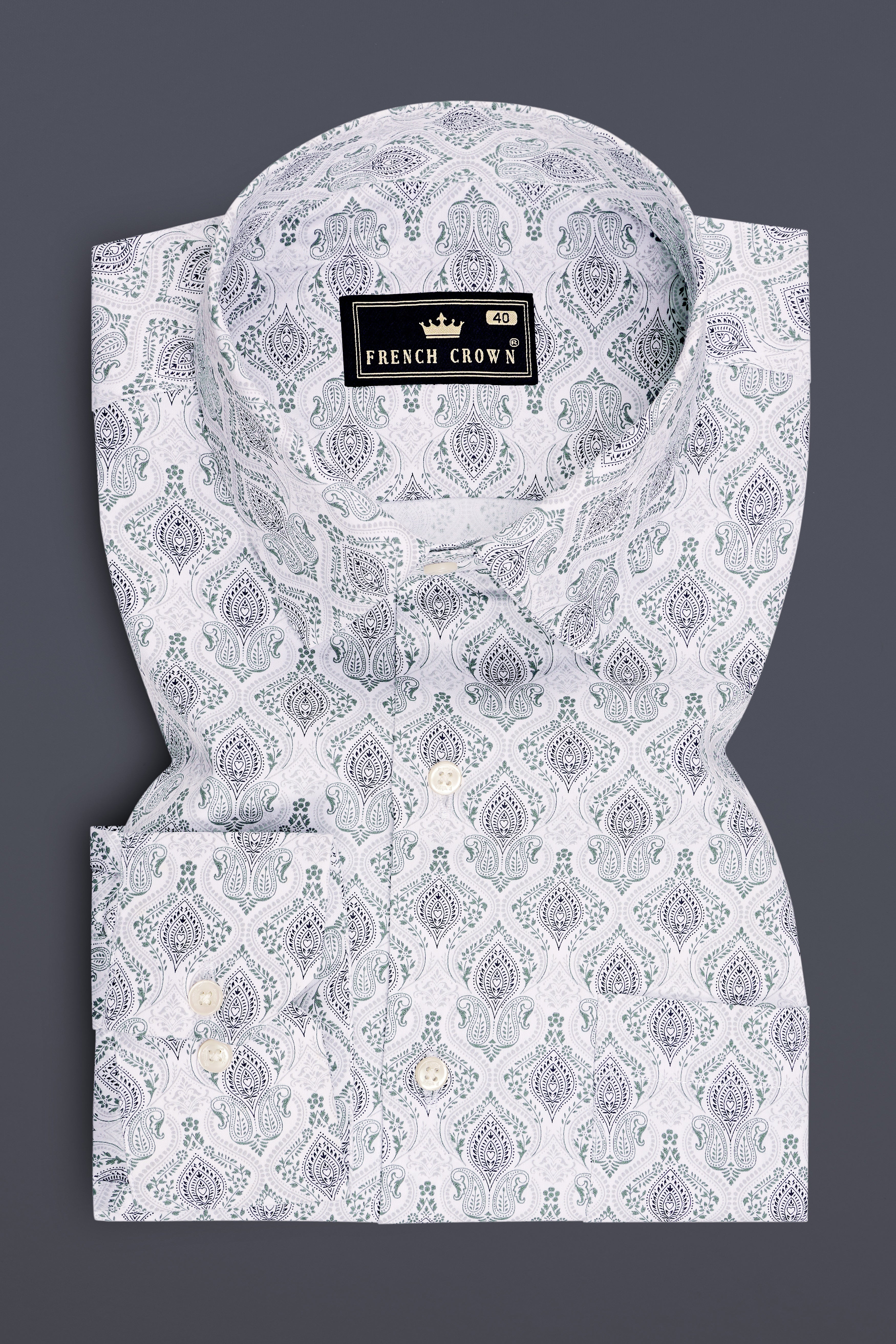 Verdant-Bright White And Raven Green Paisley Printed Subtle Sheen Super Soft Premium Cotton Dress Shirt