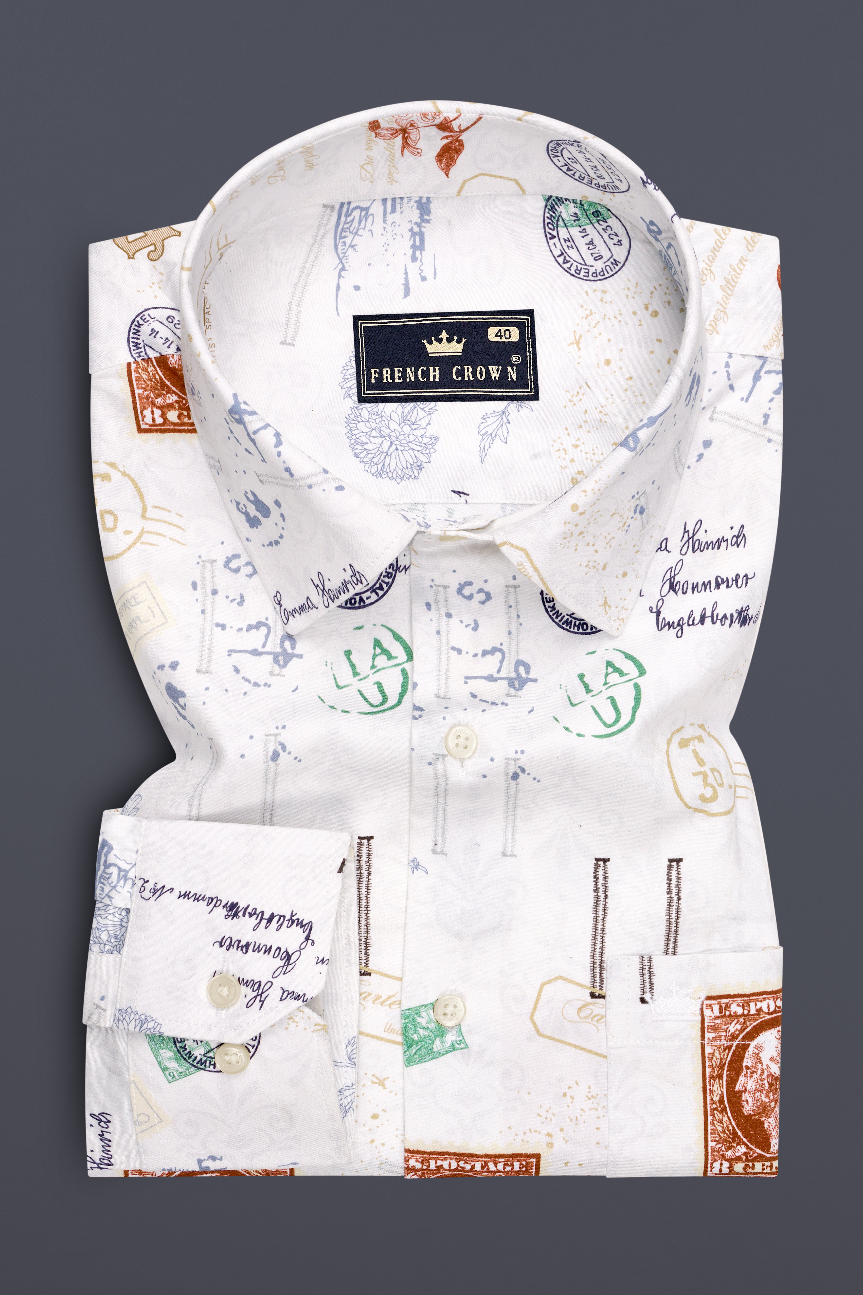 Aether-Bright White Postage Stamp Printed Subtle Sheen Super Soft Premium Cotton Casual Shirt