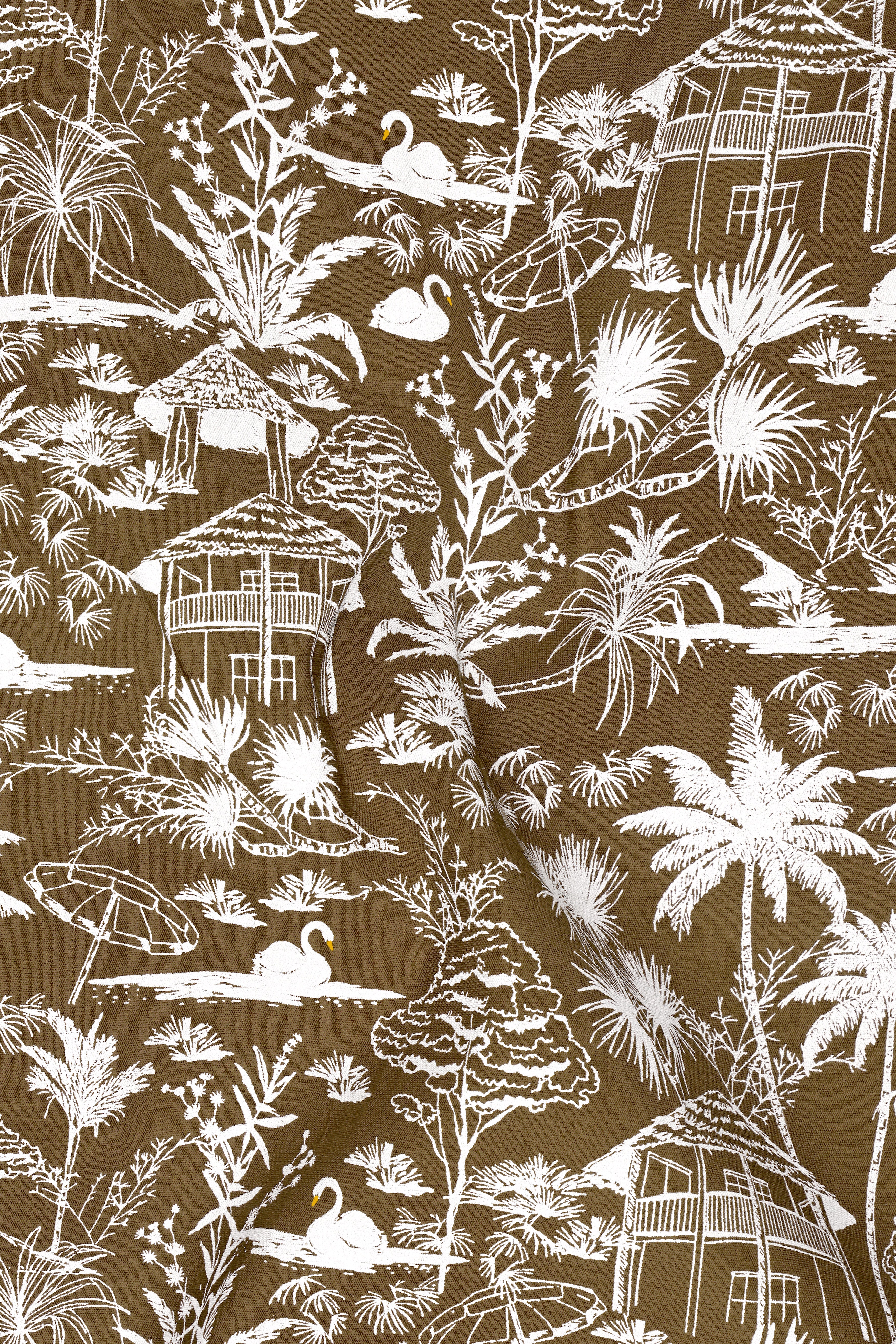 Sienna-Saddle Brown And Bright White Tropical Toile Printed Chambray Premium Cotton Casual Shirt