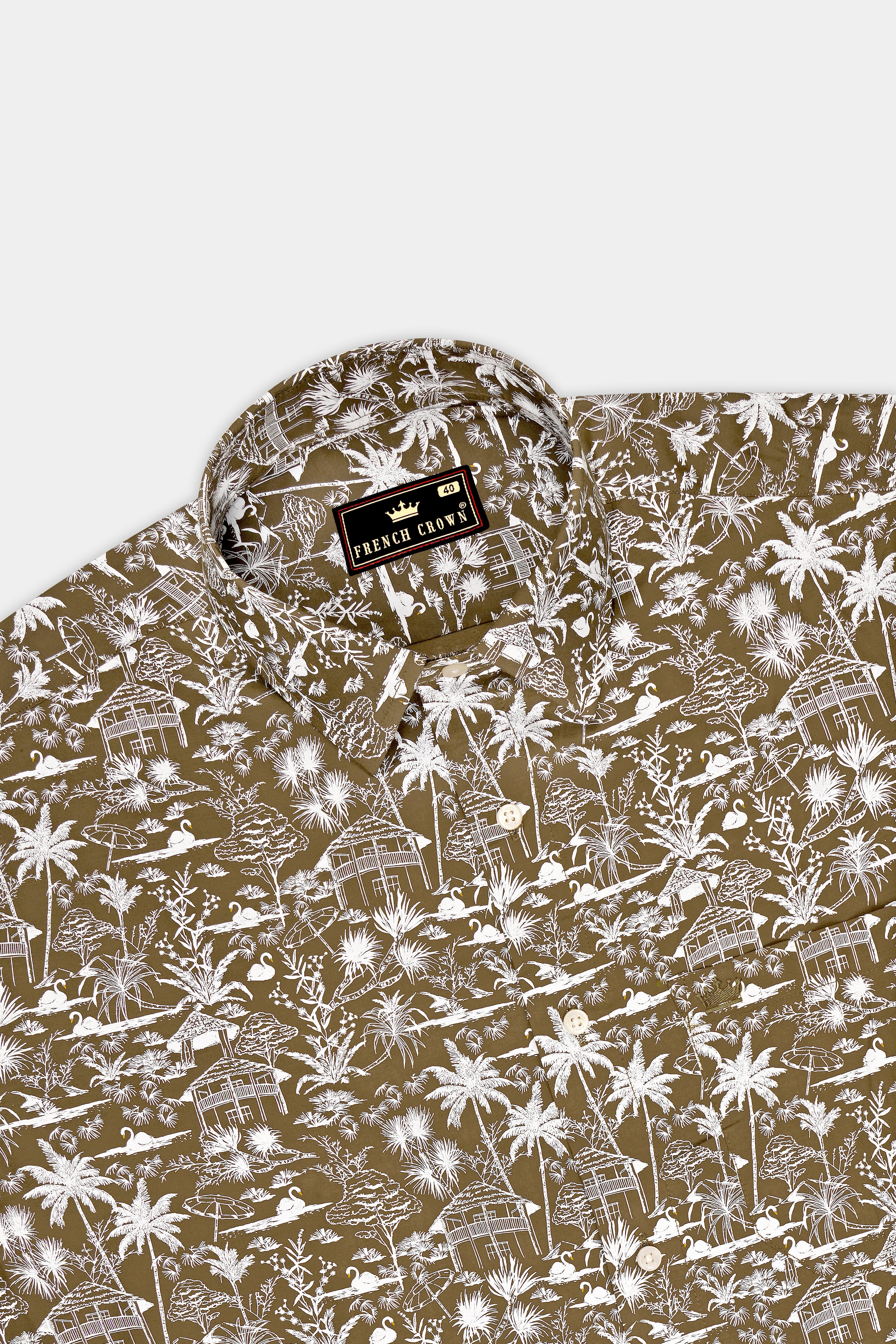 Sienna-Saddle Brown And Bright White Tropical Toile Printed Chambray Premium Cotton Casual Shirt