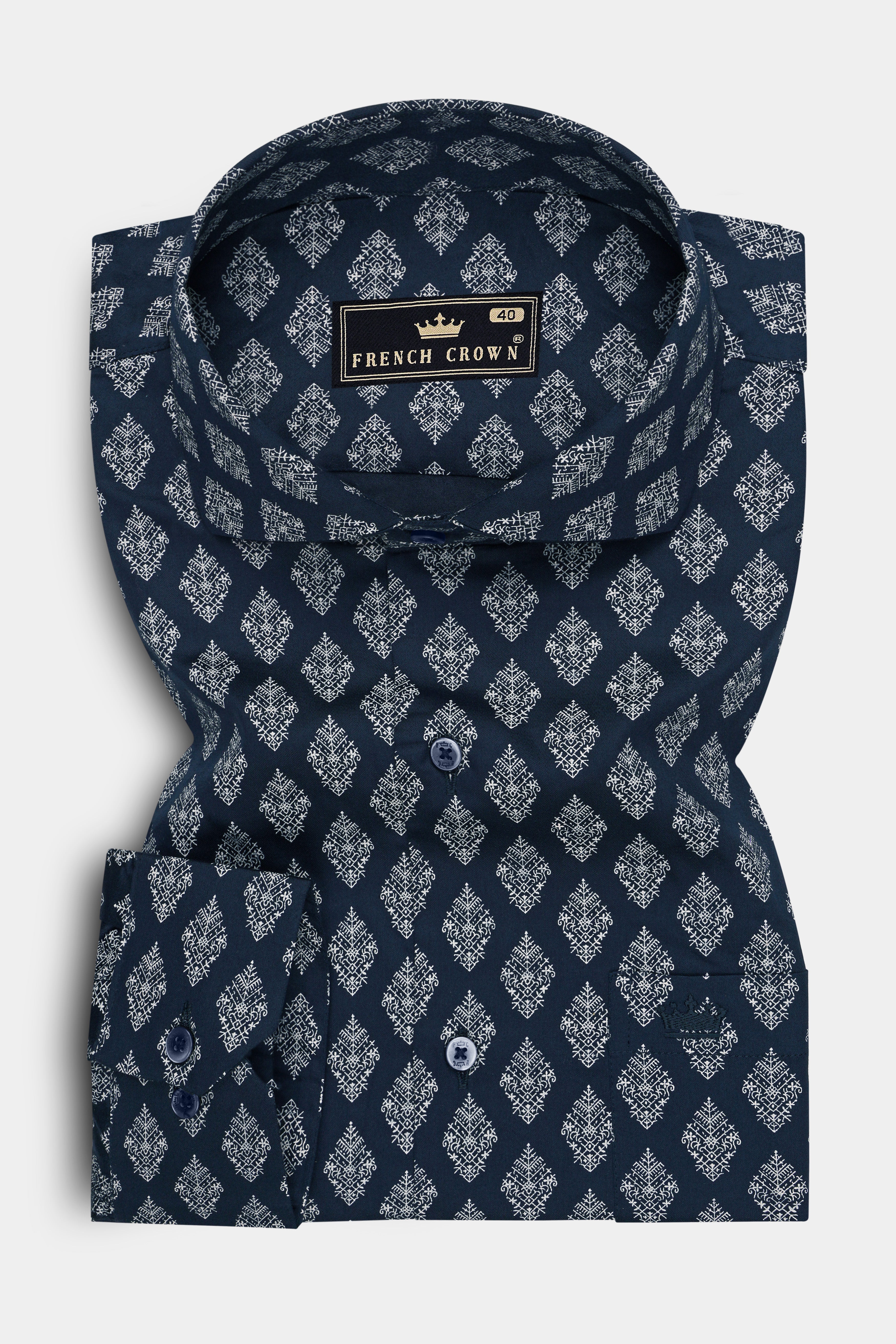 Aether-Mirage Blue Geometric Ethnic Motif Printed Subtle Sheen Super Soft Premium Cotton Dress Shirt