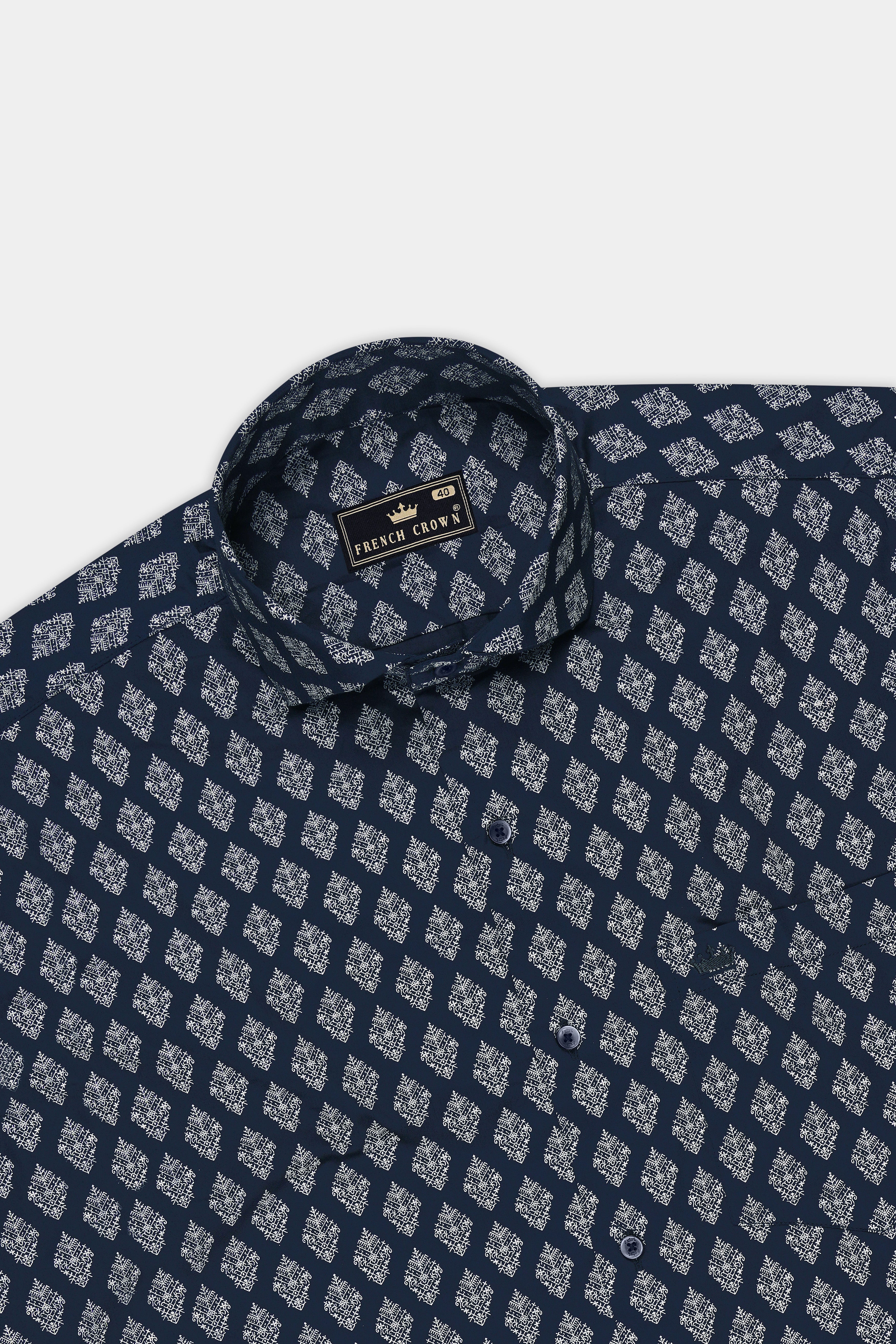 Aether-Mirage Blue Geometric Ethnic Motif Printed Subtle Sheen Super Soft Premium Cotton Dress Shirt