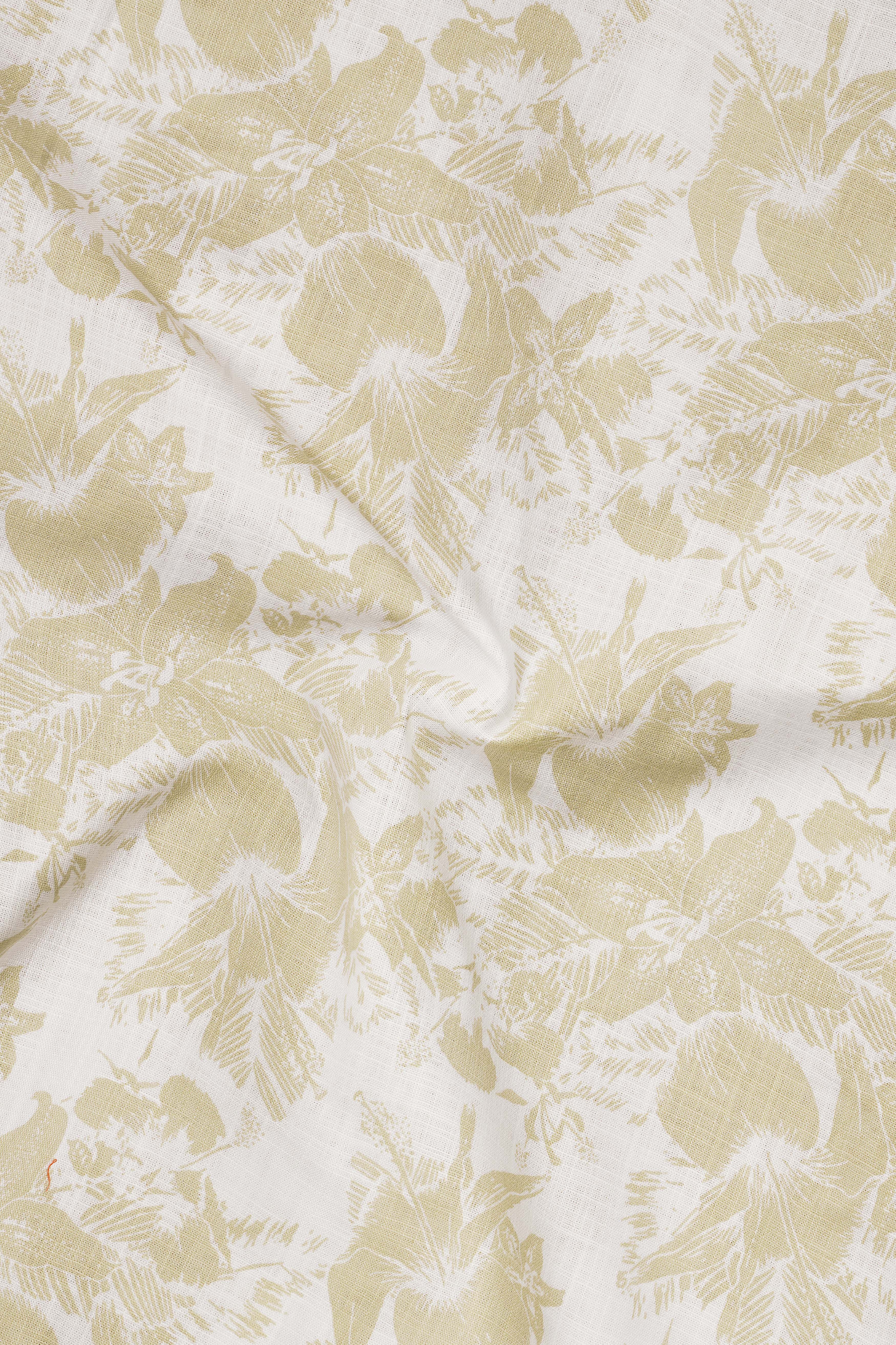 Solara-Sisal Cream And Bright White Tropical Floral Printed Luxurious Linen Casual Kurta Shirt