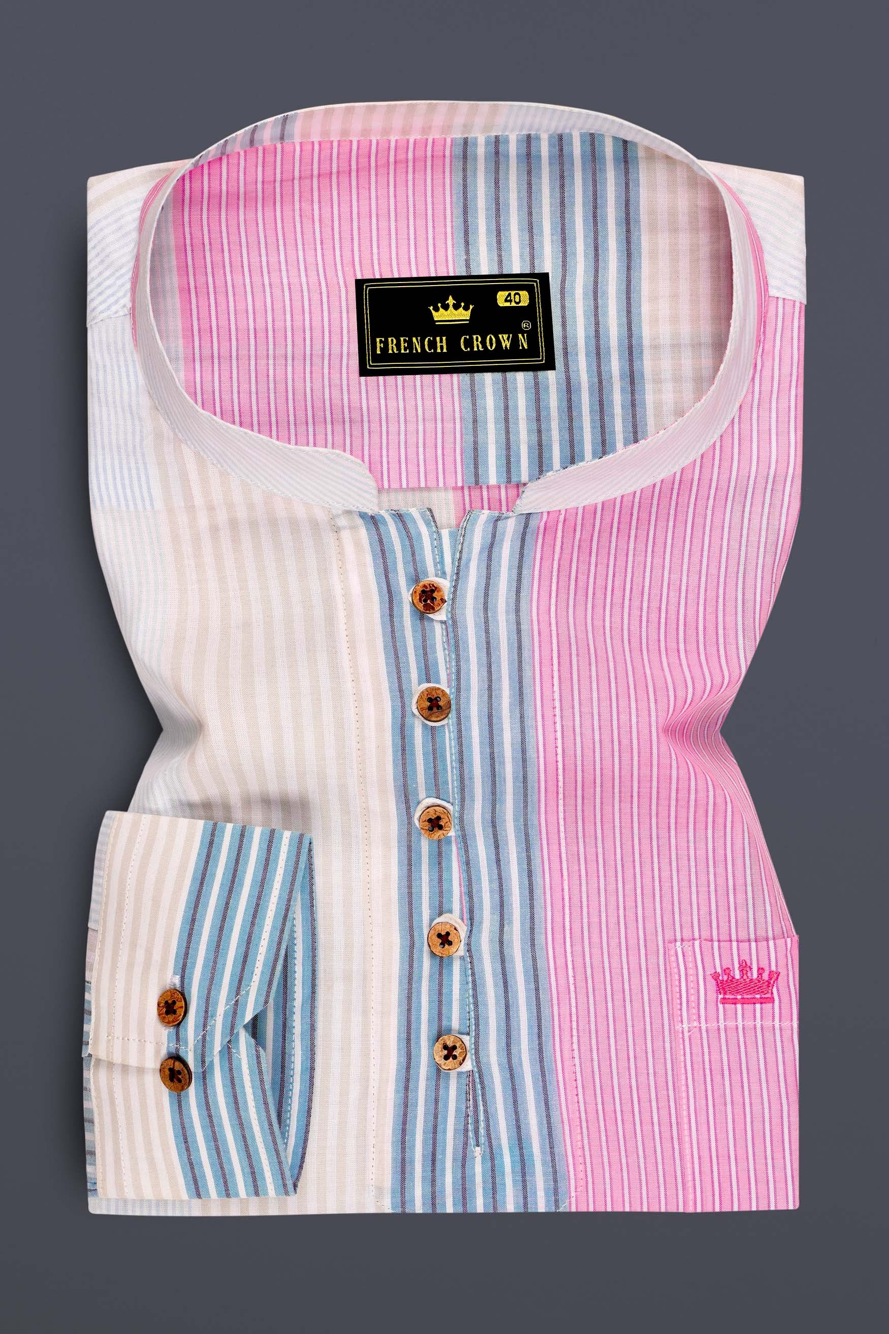 Strivio-Faded Pink And Casper Blue Multicolour Striped Super Soft Premium Cotton Casual Kurta Shirt