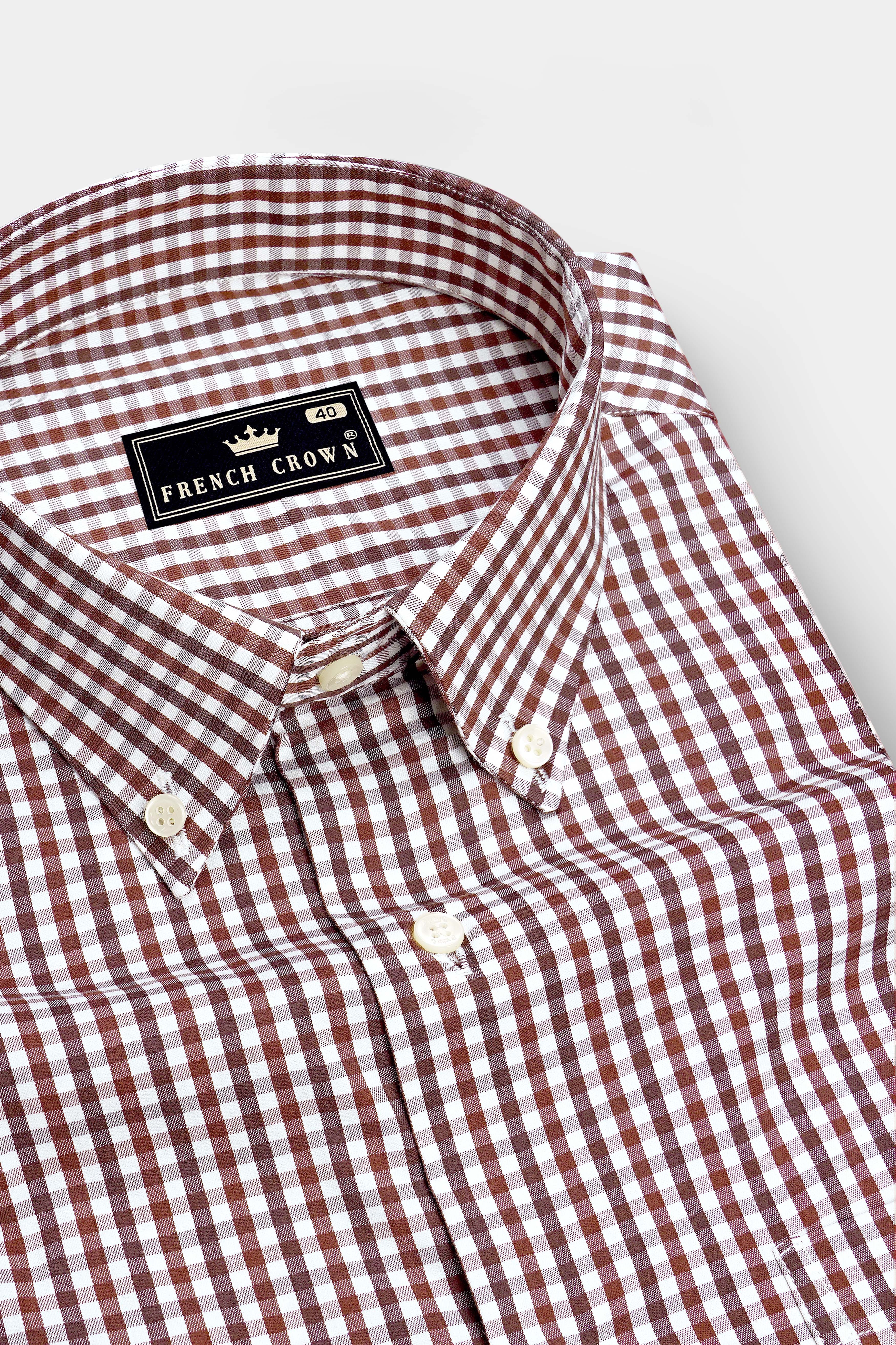 Kastor-Copper Rust Brown And Bright White Gingham Plaid Super Soft Premium Cotton Dress Shirt