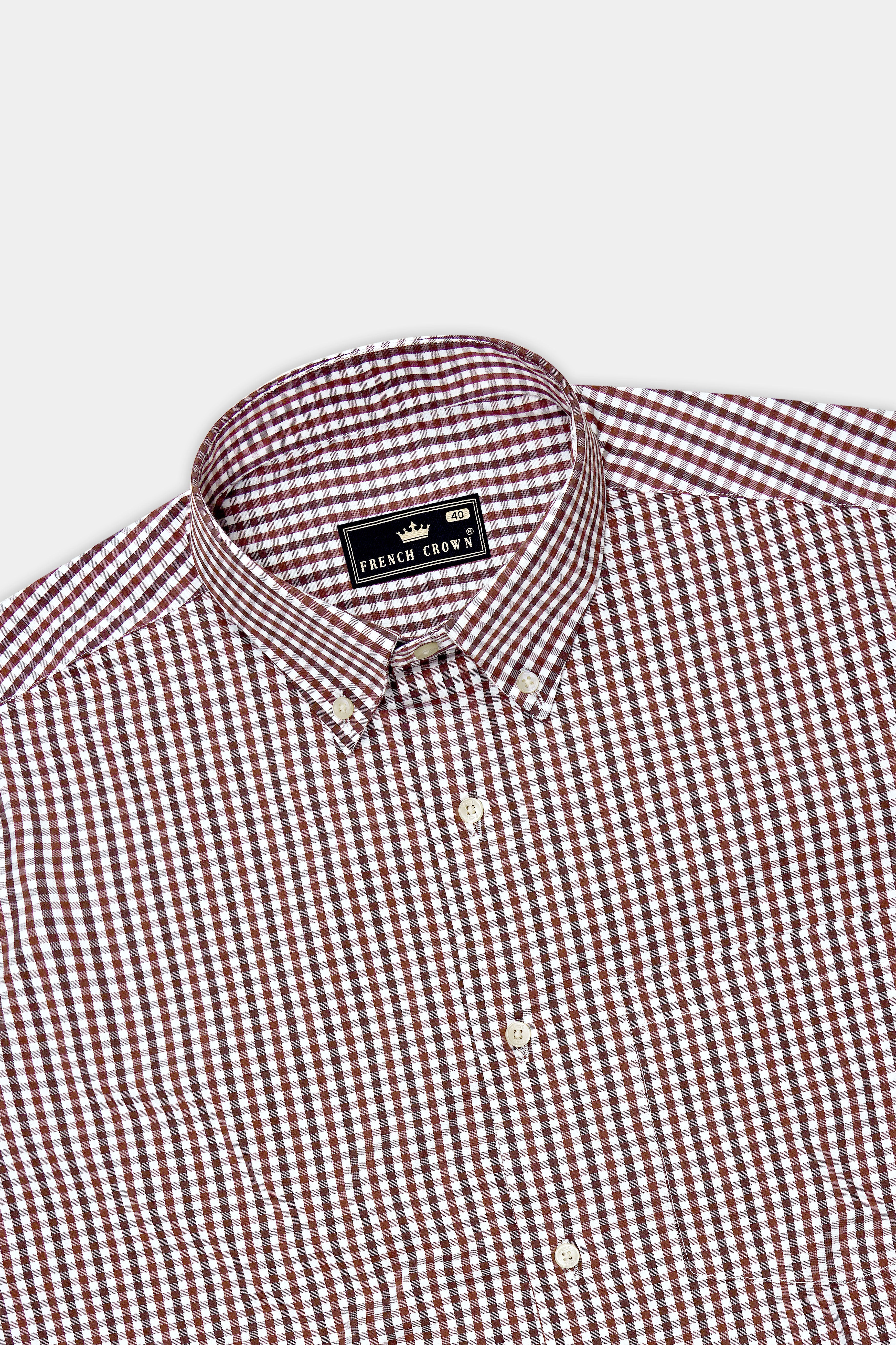 Kastor-Copper Rust Brown And Bright White Gingham Checks-Plaid Formal  Premium Cotton Button Down Shirt For Men