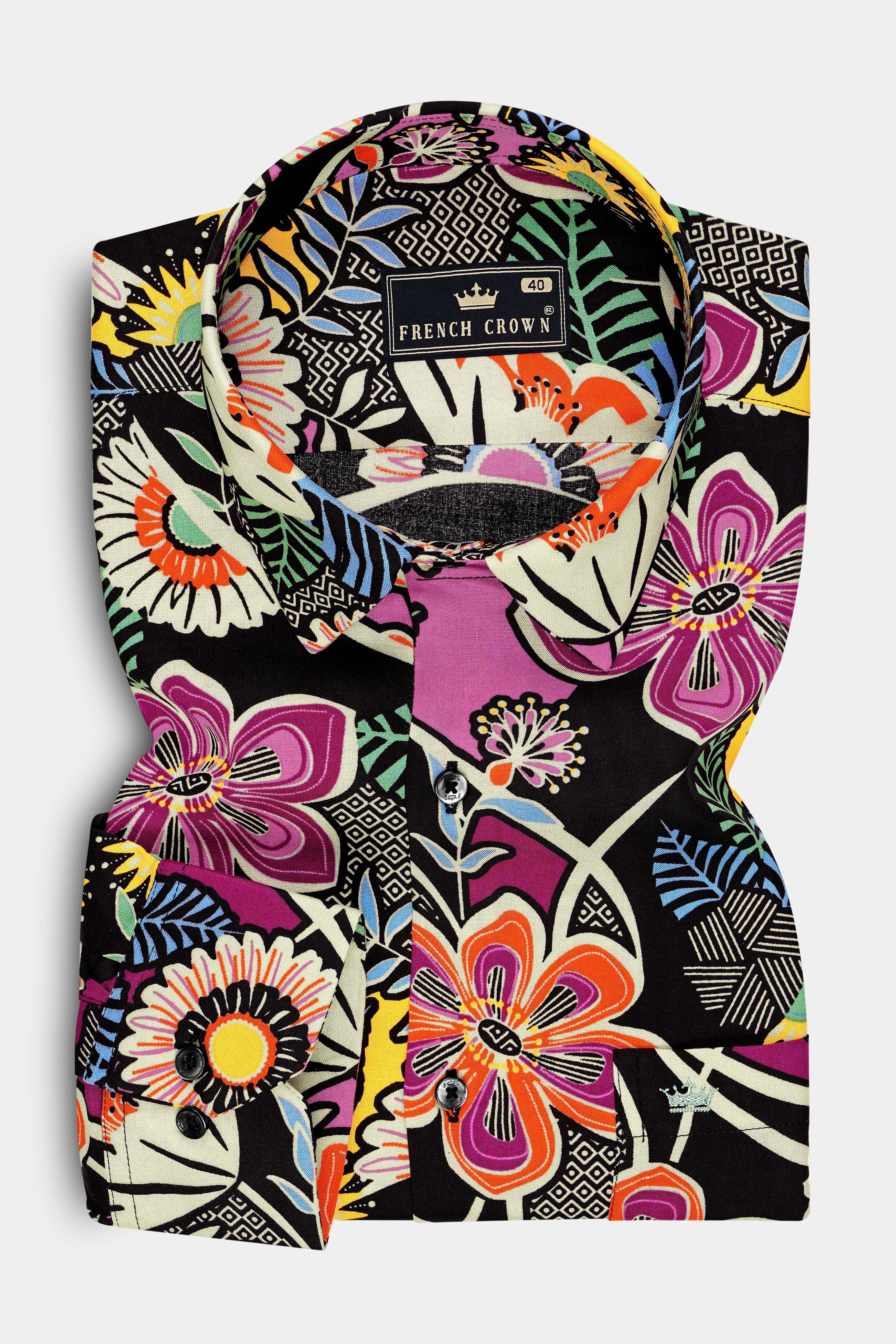 Elysian-Jade Black And Hopbush Pink Multicolour Tropical Floral Printed Super Soft Tencel Casual Shirt