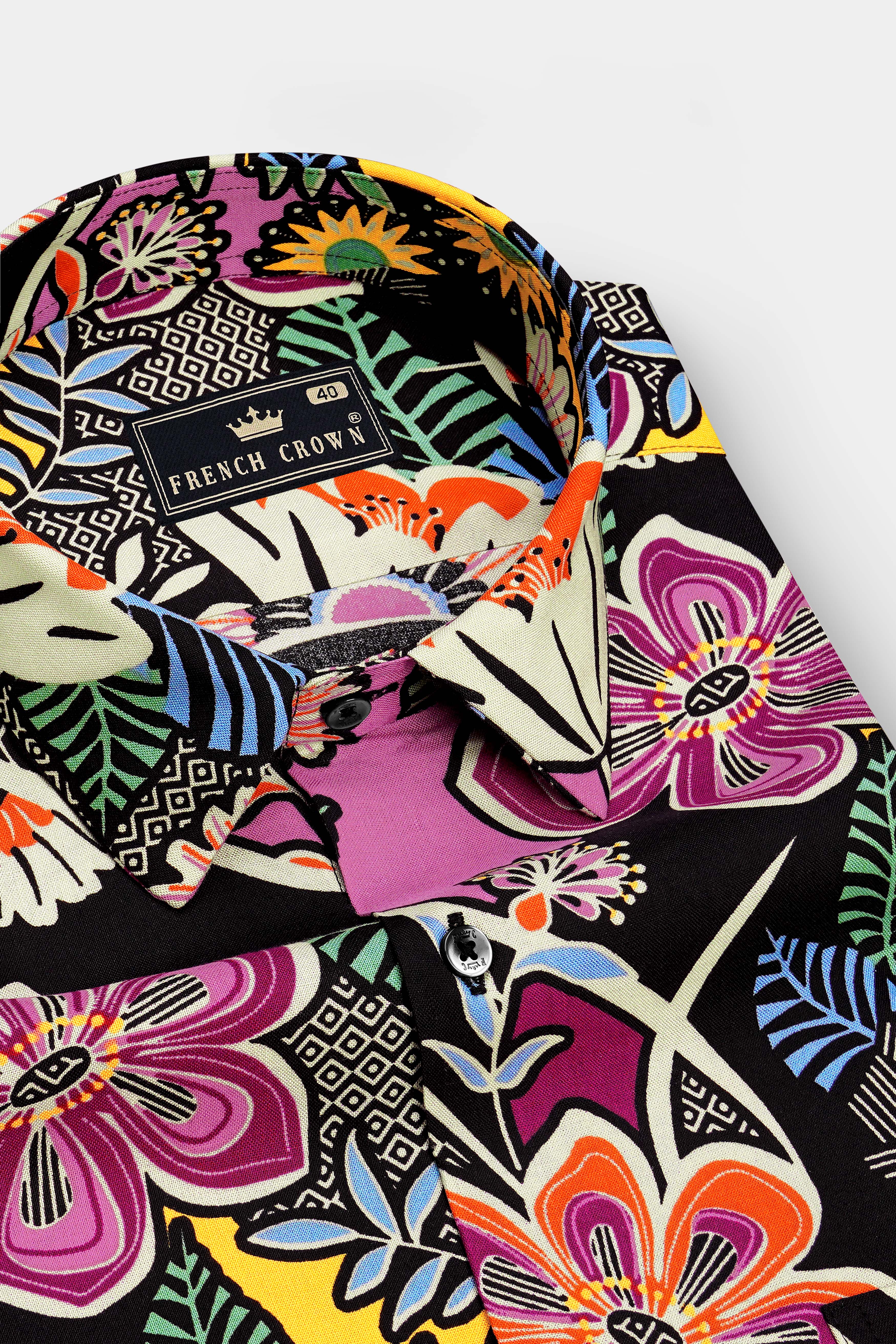 Elysian-Jade Black And Hopbush Pink Multicolour Tropical Floral Printed Super Soft Tencel Casual Shirt