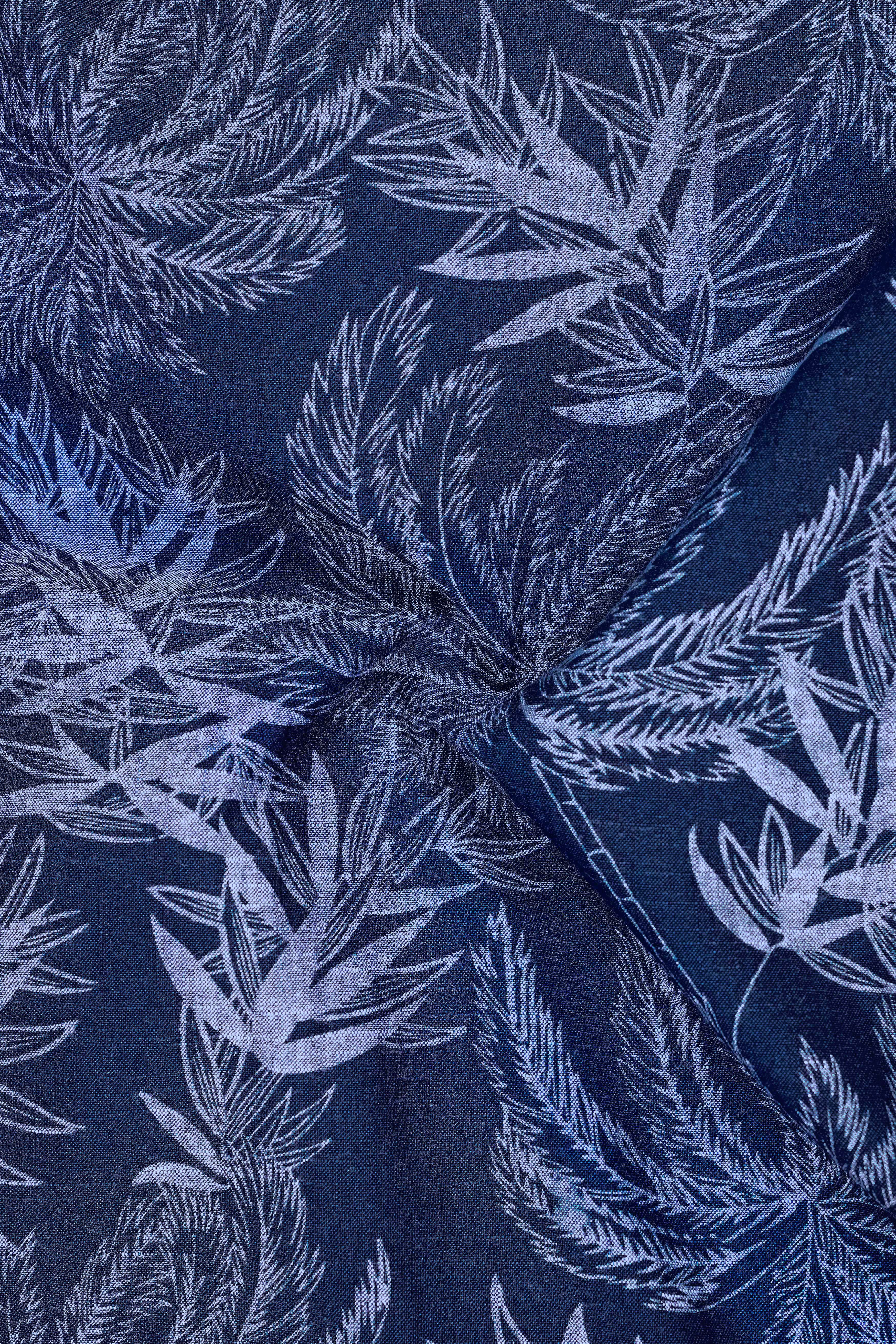Palmora-Zodiac Blue Palm Leaf Botanical Printed Premium Denim Casual Shirt