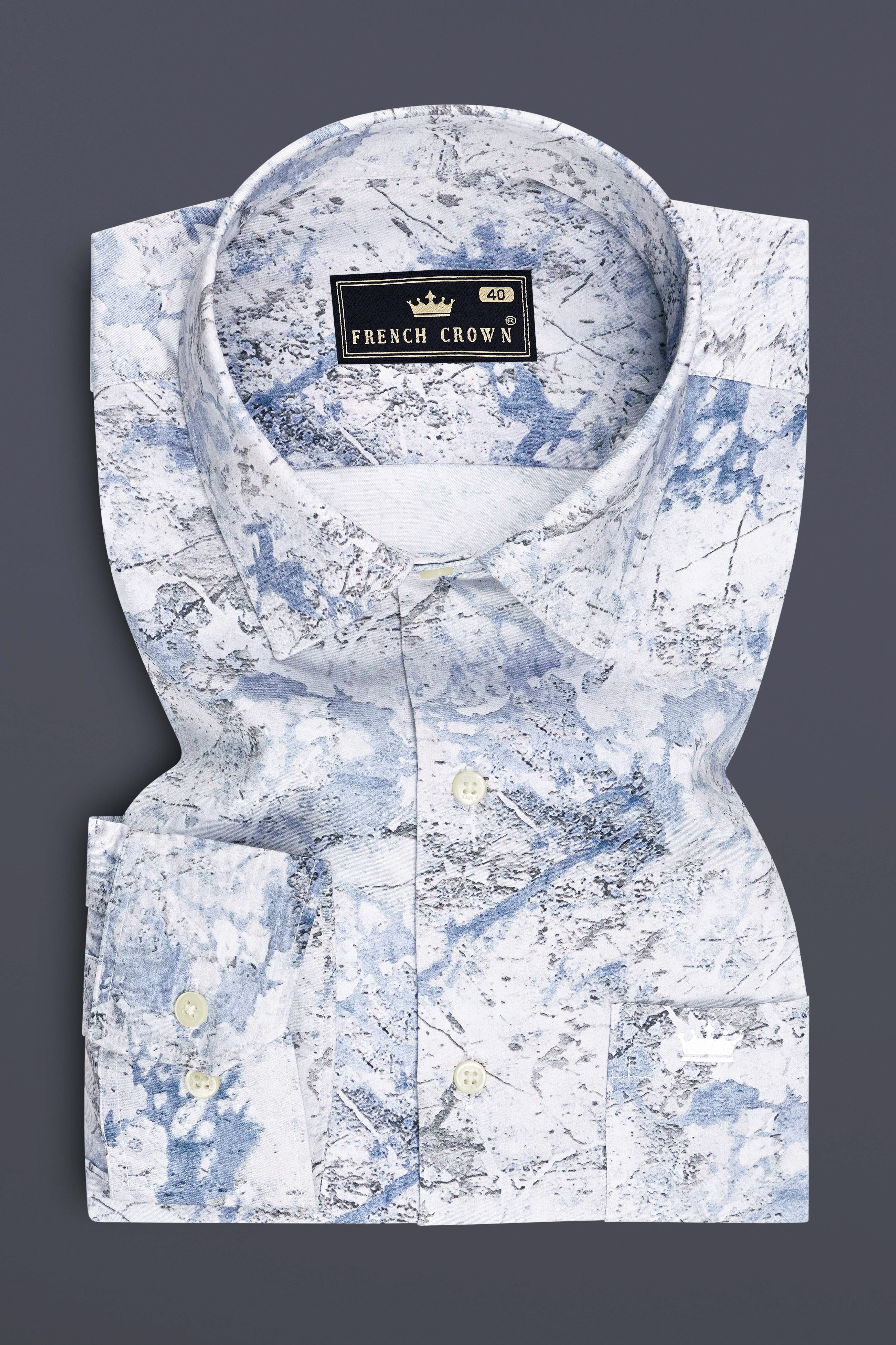 Marbello-Bright White And Jordy Blue Marble Printed Subtle Sheen Super Soft Premium Cotton Dress Shirt