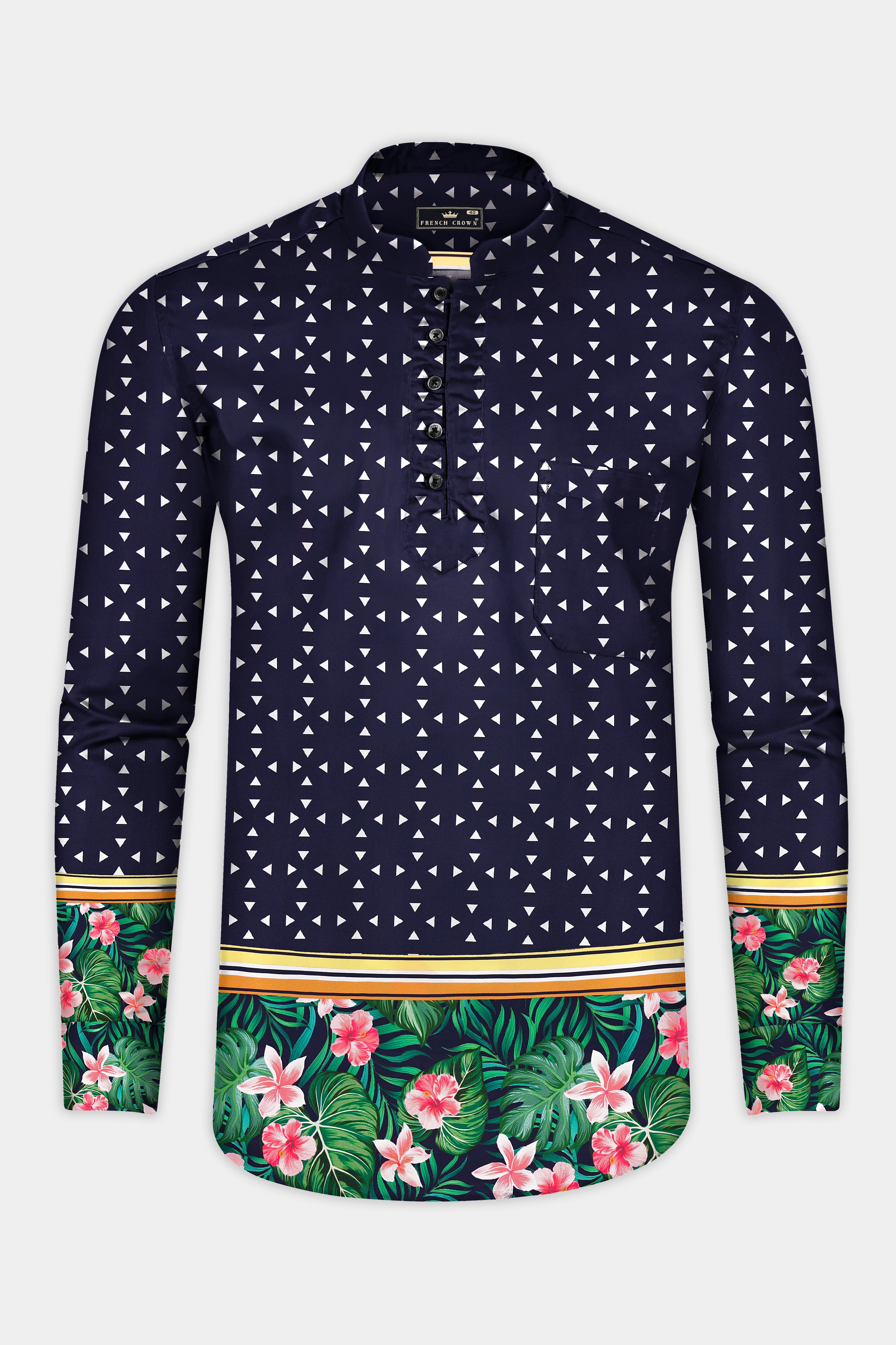 Ocevan-Ebony Blue Tropical Border Printed Super Soft Premium Cotton Casual Kurta Shirt