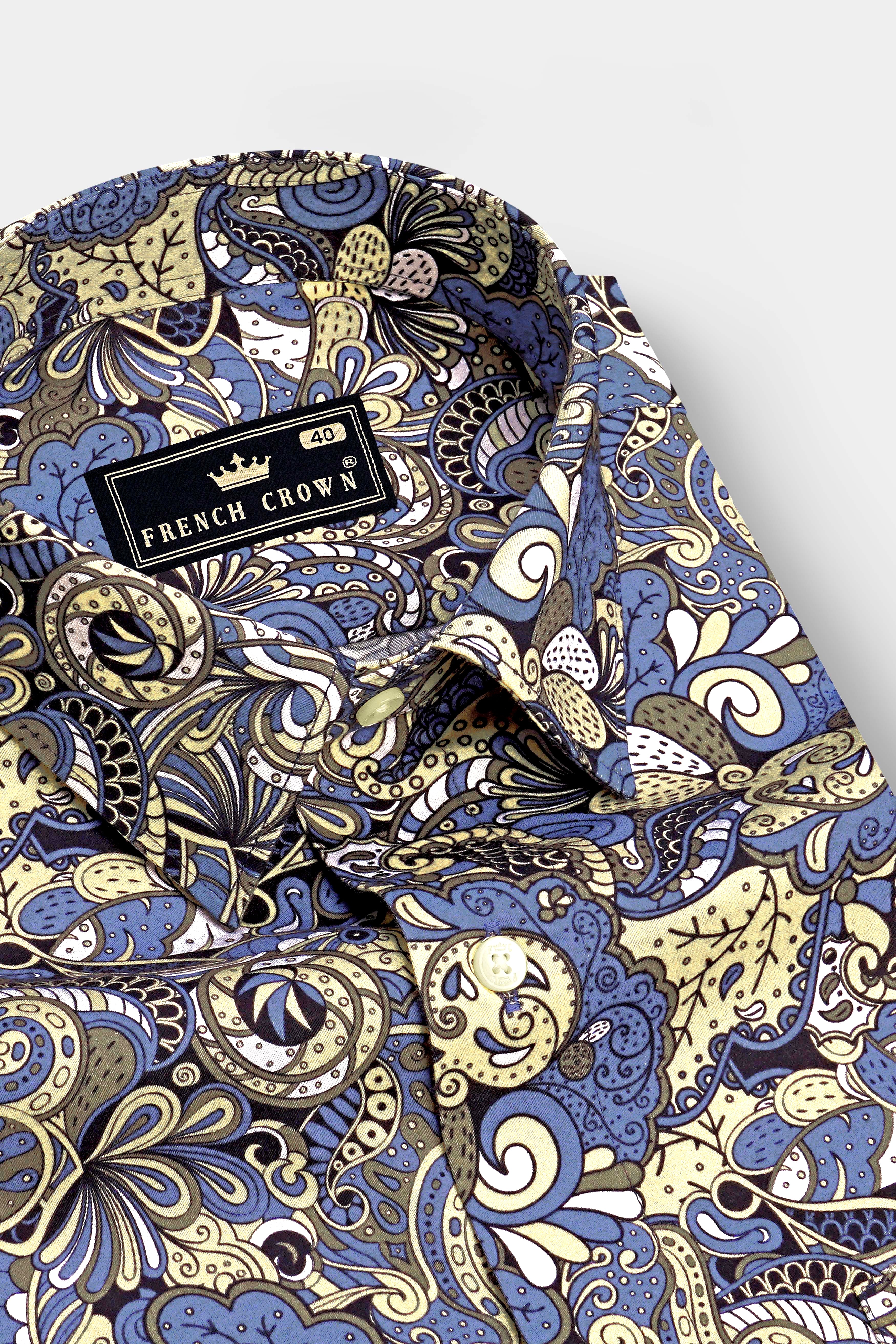 Ornato-Bayoux Blue And Parmesan Yellow Bohemian Ornamental Printed Subtle Sheen Super Soft Premium Cotton Dress Shirt