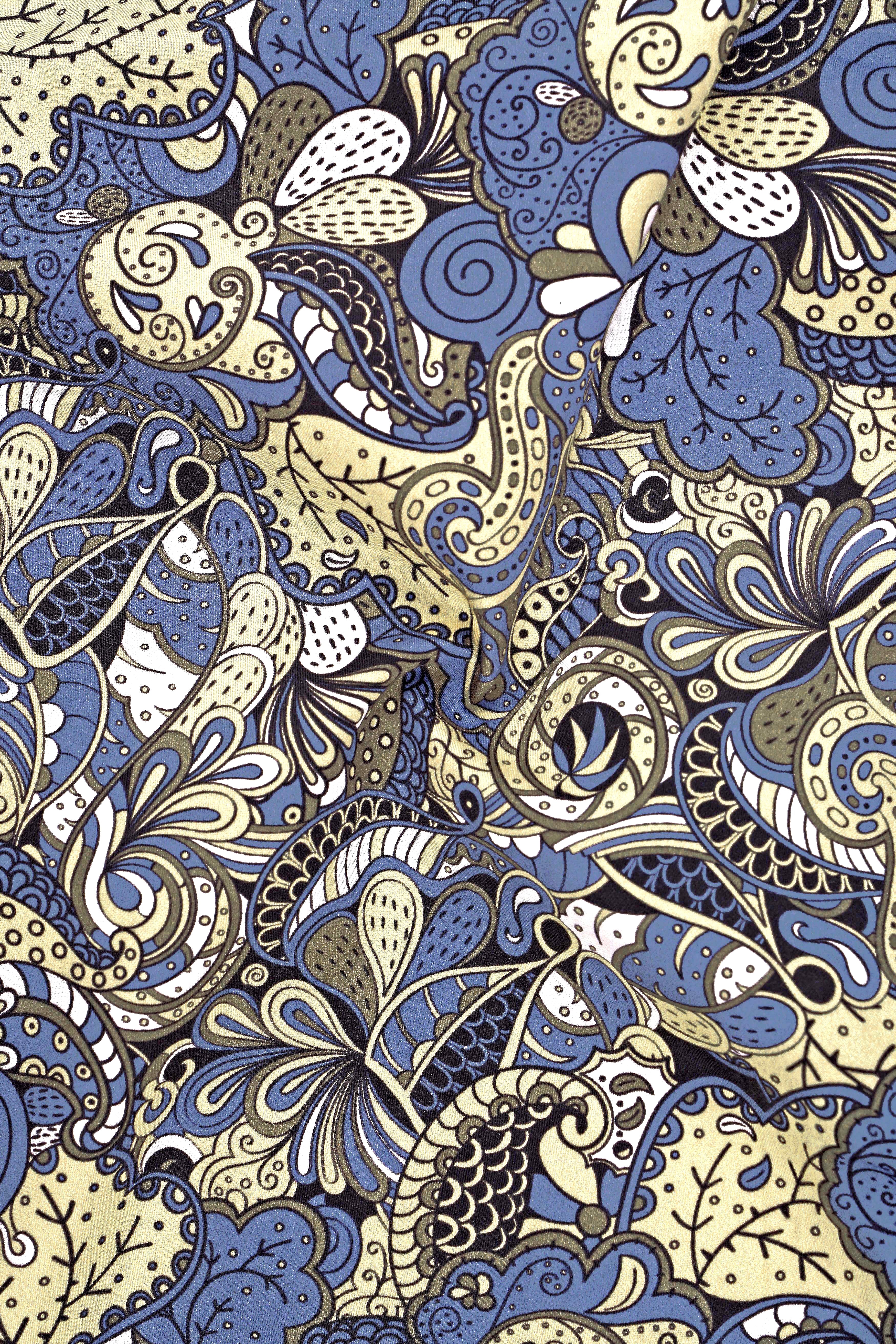 Ornato-Bayoux Blue And Parmesan Yellow Bohemian Ornamental Printed Subtle Sheen Super Soft Premium Cotton Dress Shirt