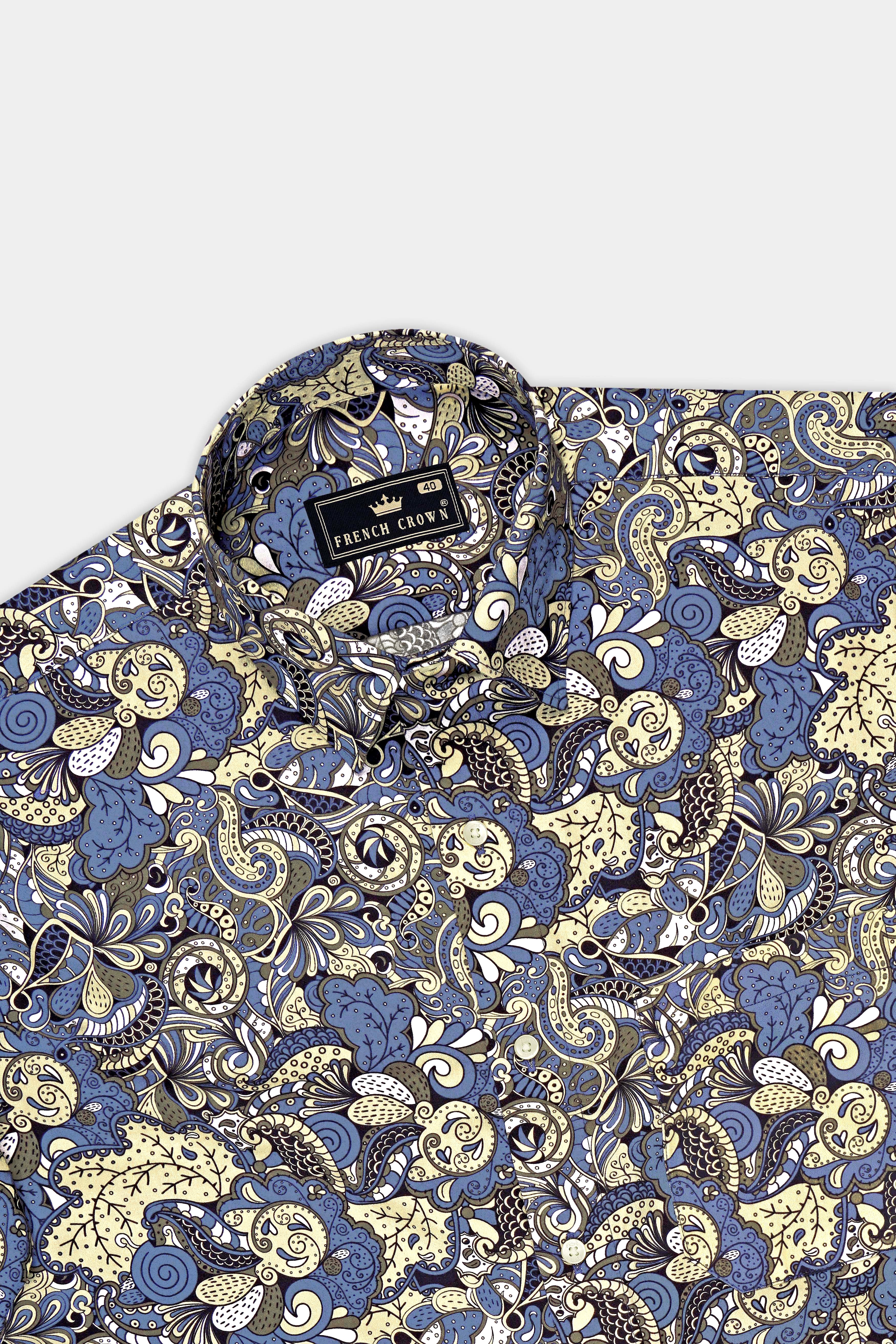 Ornato-Bayoux Blue And Parmesan Yellow Bohemian Ornamental Printed Subtle Sheen Super Soft Premium Cotton Dress Shirt