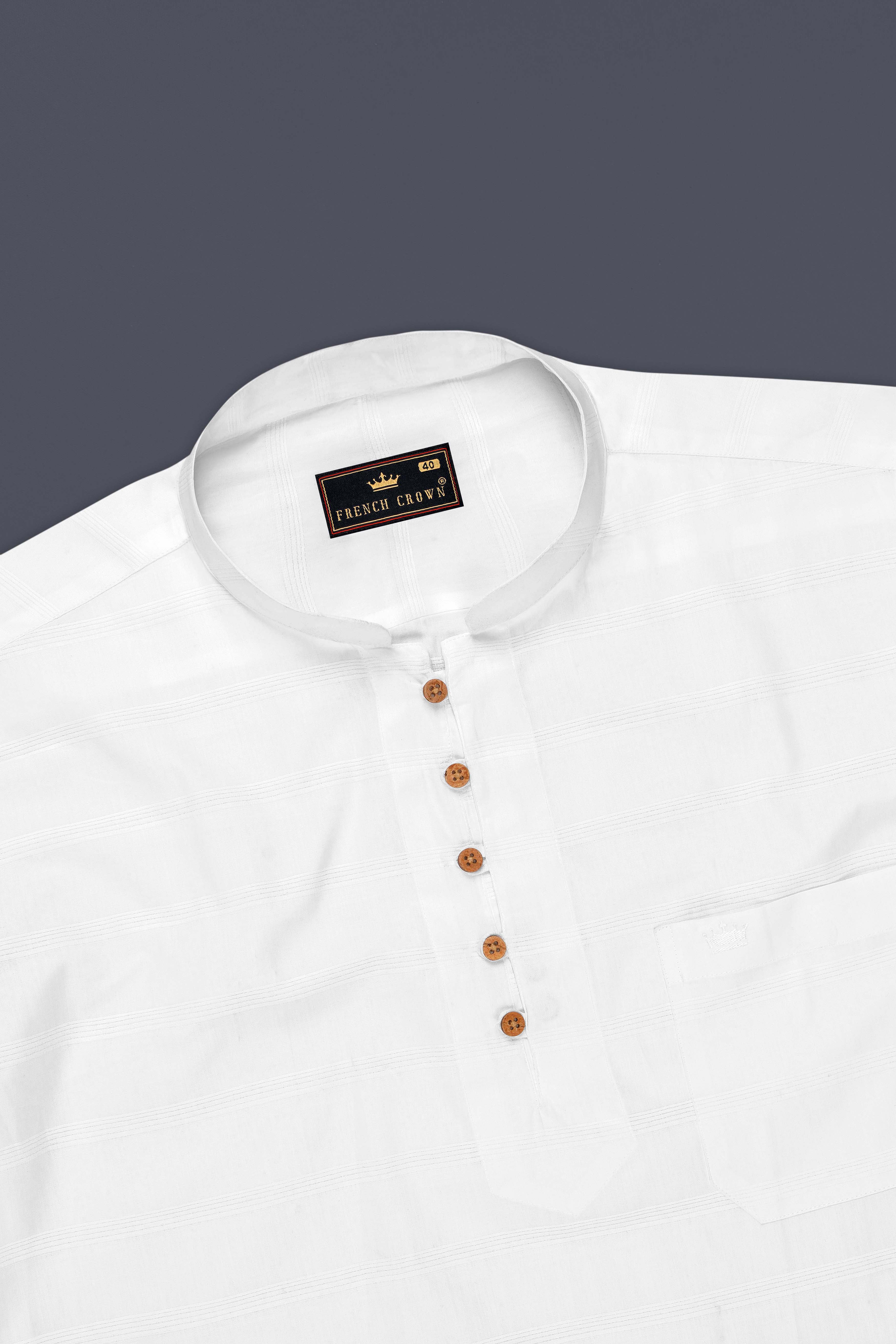 Vero-Bright White Striped Dobby Textured Premium Giza Cotton Casual Kurta Shirt