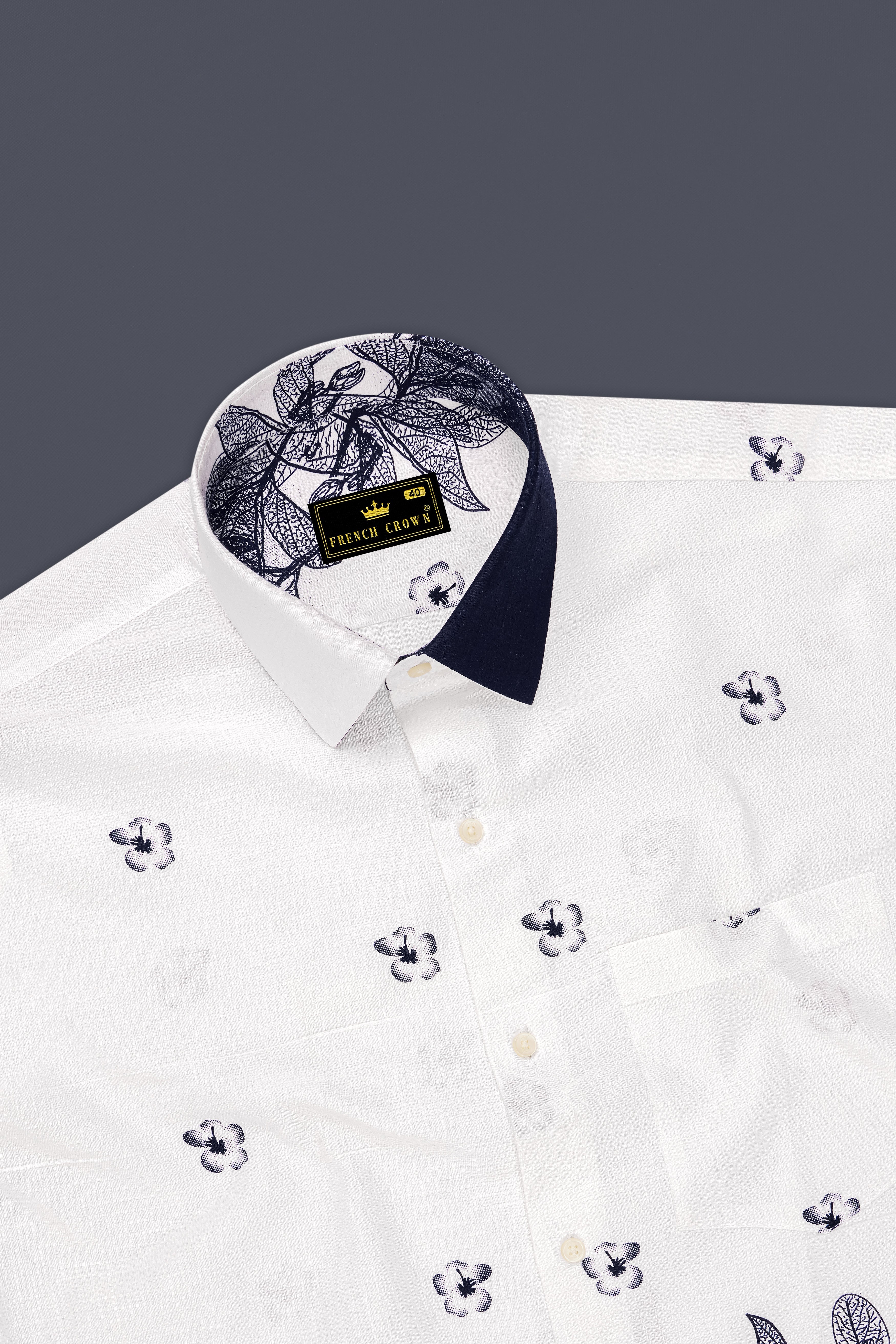 Florique-Bright White And Mirage Blue Floral Placement Printed Dobby Textured Premium Giza Cotton Casual Shirt