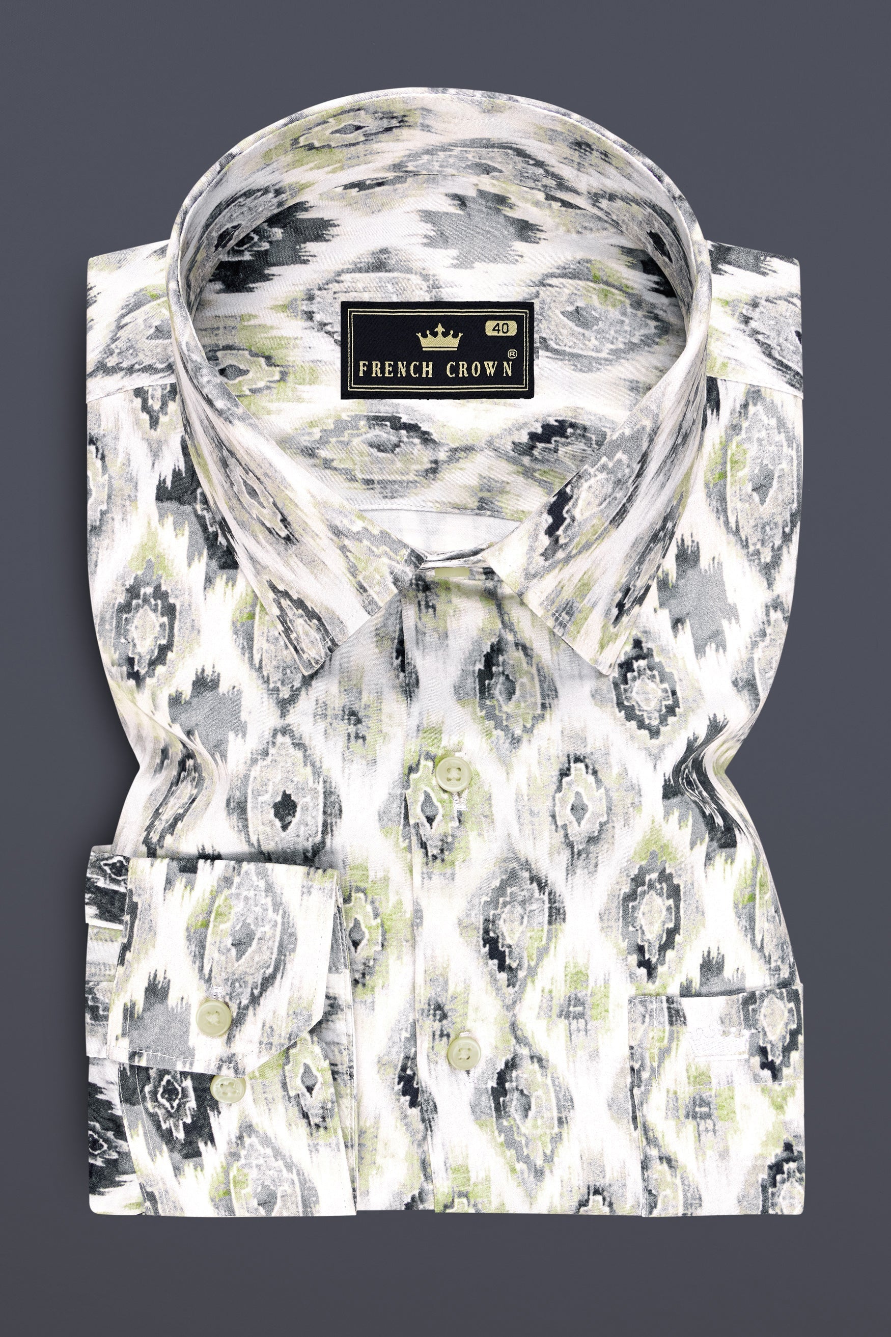Ikzari-Bright White Tribal Ikat Printed Subtle Sheen Super Soft Premium Cotton Dress Shirt