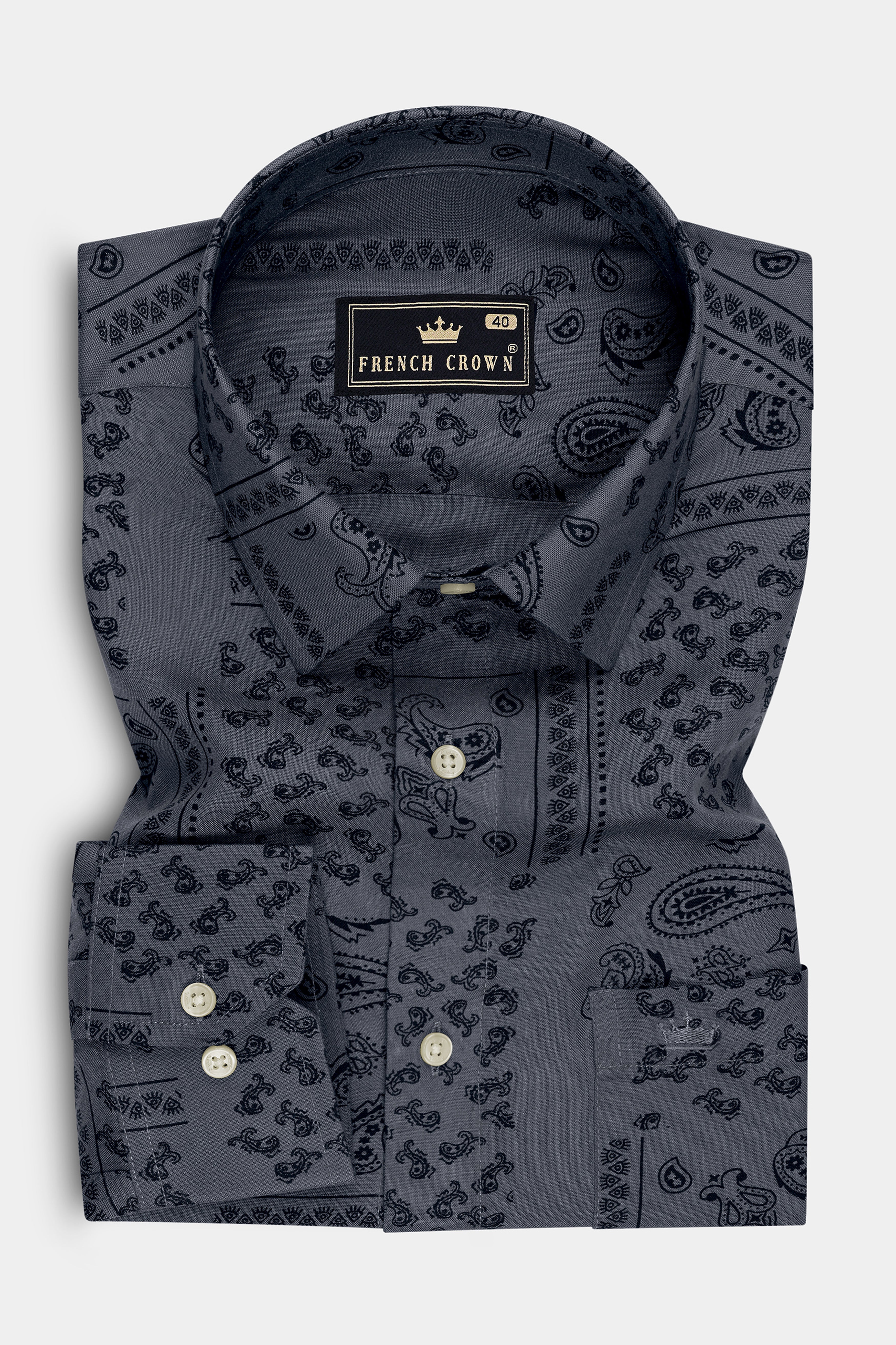 Serein-Mulled Gray Paisley Printed Super Soft Tencel Casual Shirt