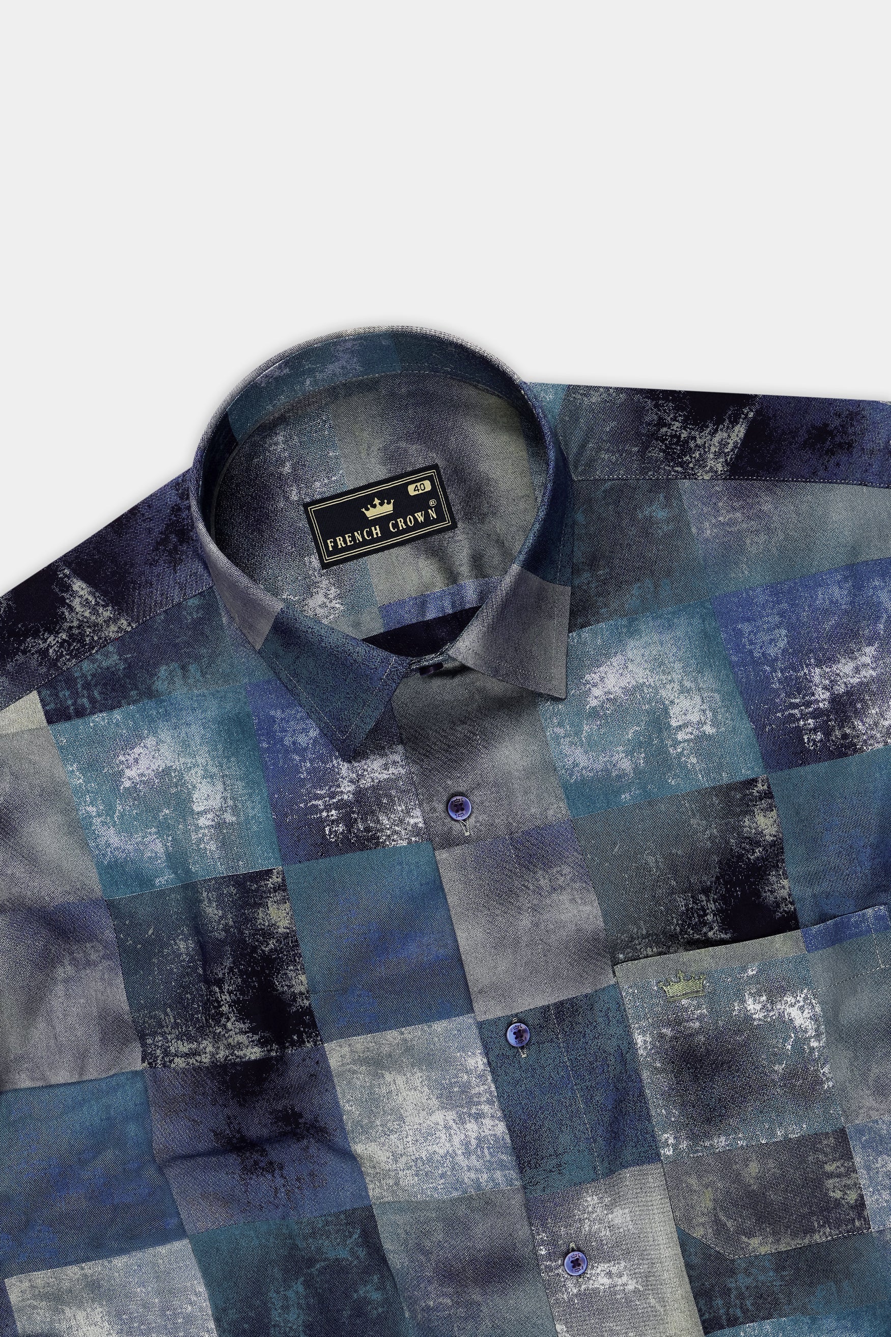 Aurelin-Nile Blue Multicolour Windowpane Printed Subtle Sheen Super Soft Premium Cotton Dress Shirt