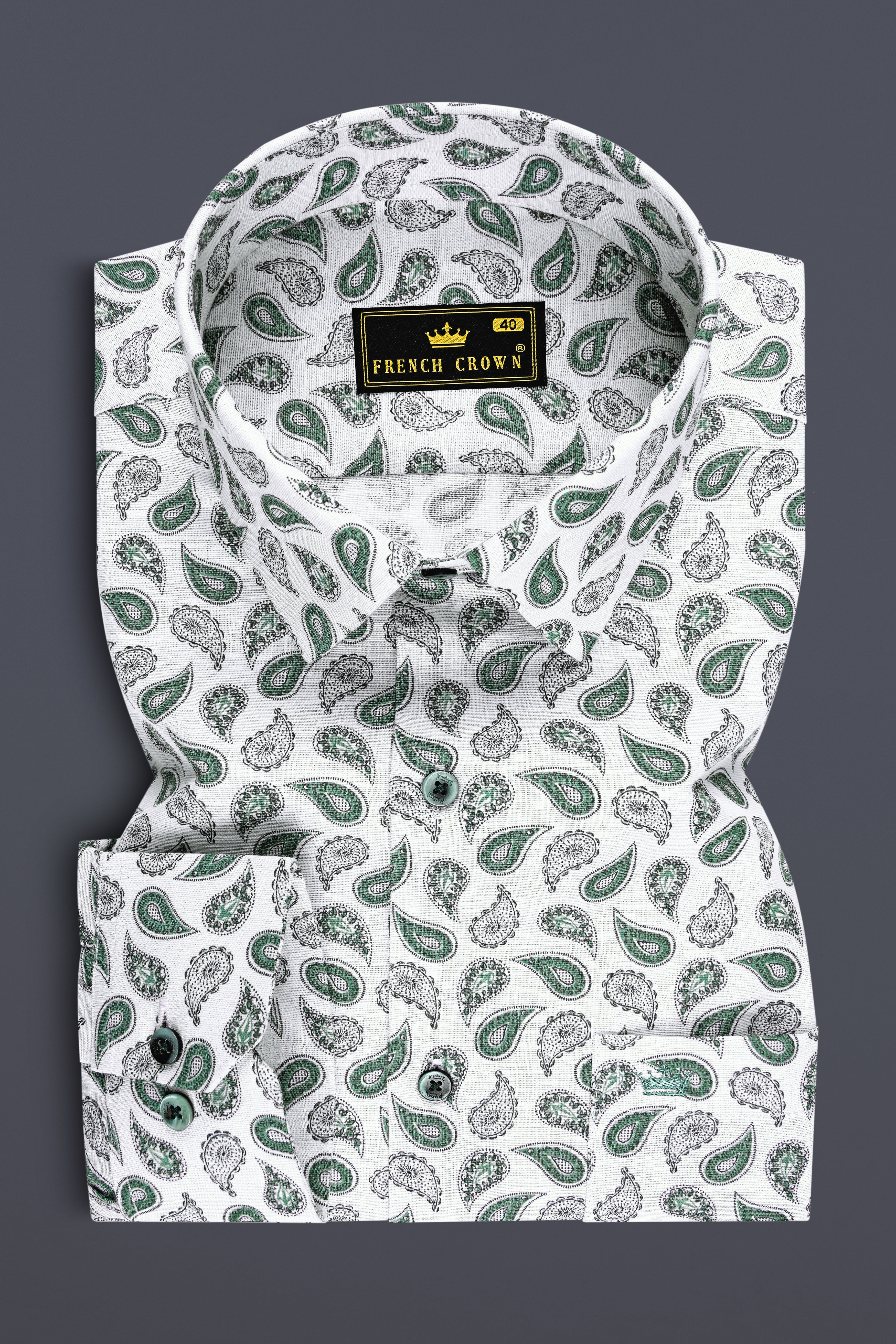 Viridian-Bright White And Viridian Green Paisley Printed Luxurious Linen Semi Formal Shirt