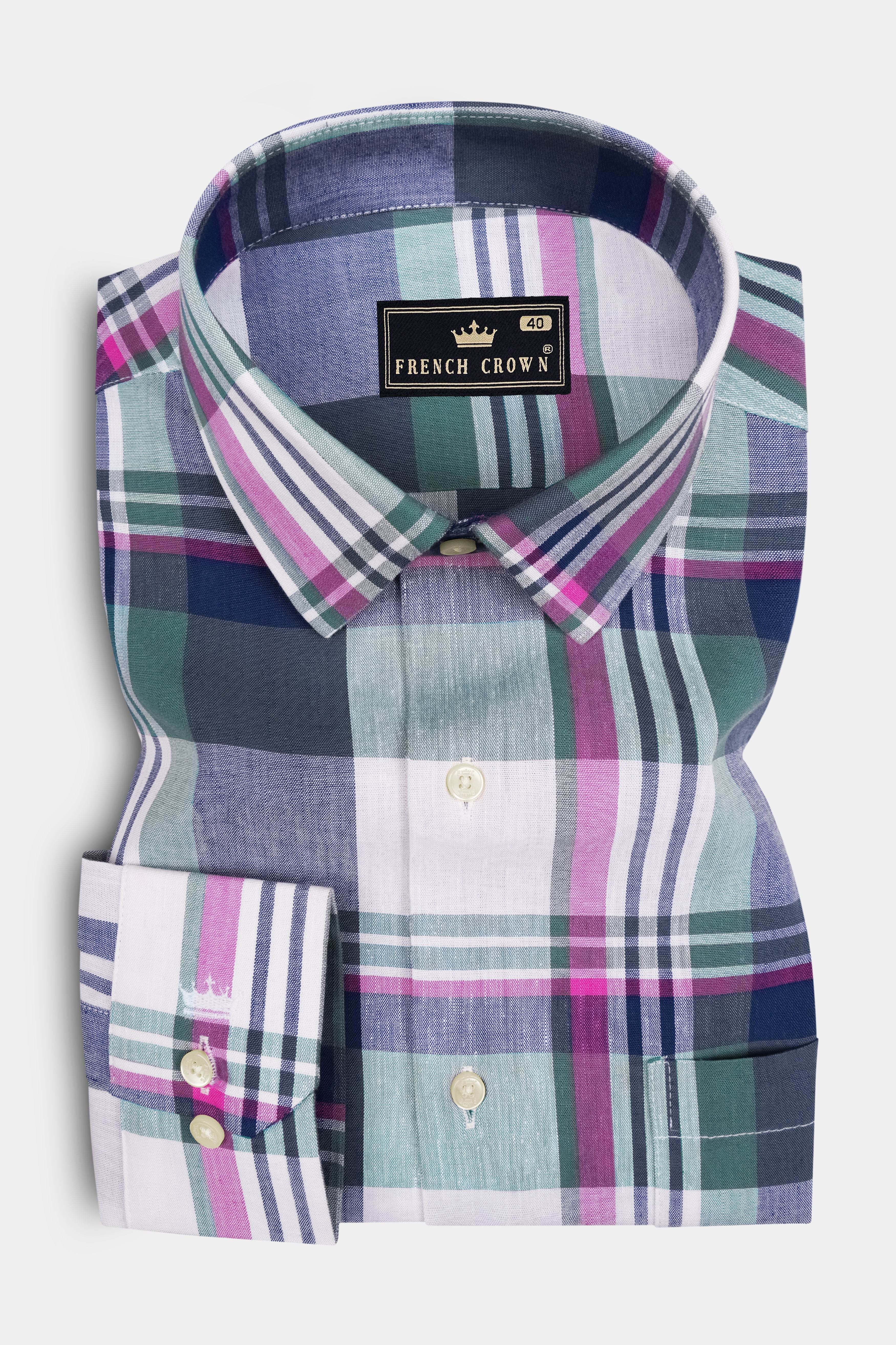 Meadow-Mineral Green And Bright White Plaid Luxurious Linen Casual Shirt