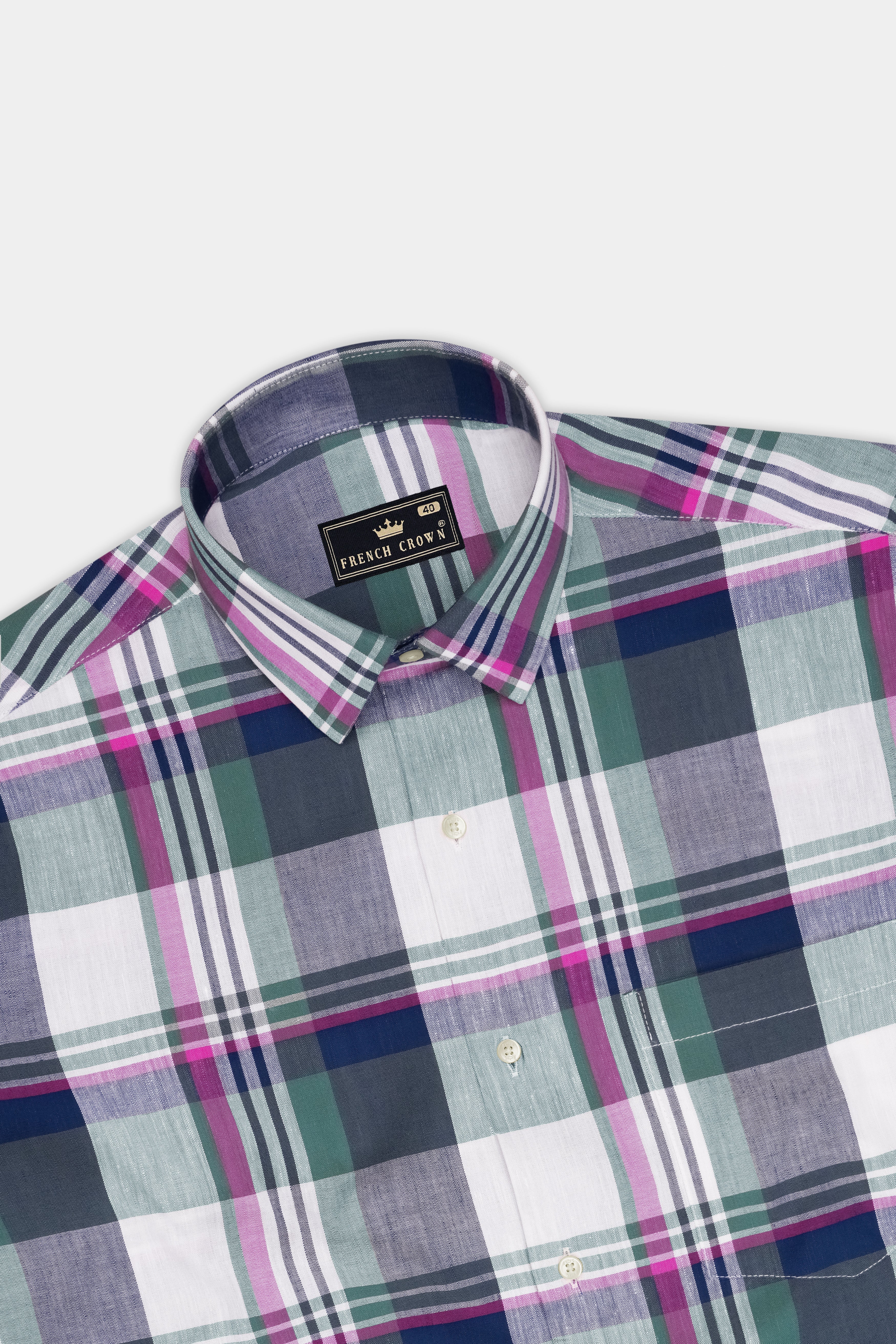 Meadow-Mineral Green And Bright White Plaid Luxurious Linen Casual Shirt
