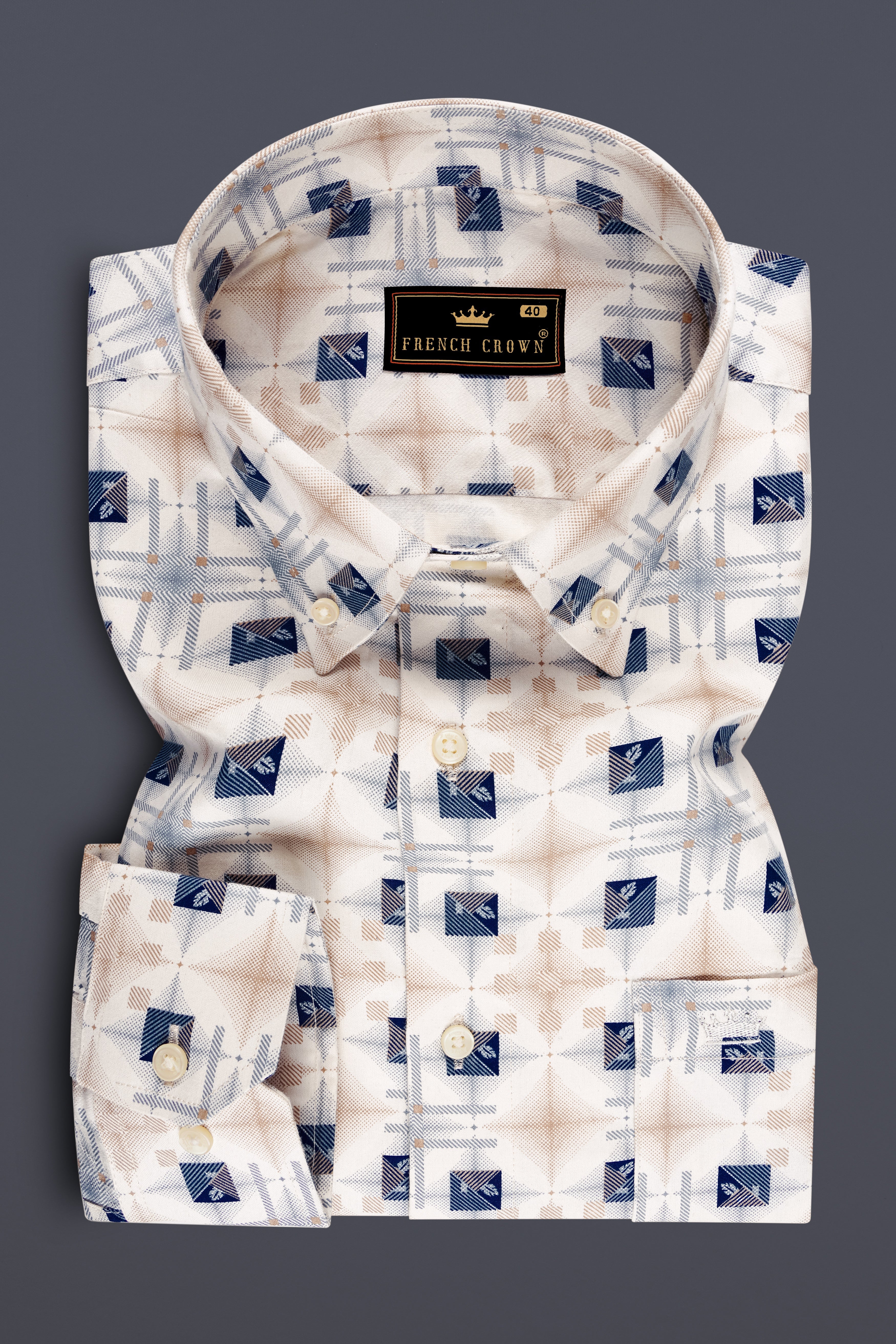 Elysian-Fantasy Cream And Cello Blue Printed Subtle Sheen Super Soft Premium Cotton Semi Formal Shirt