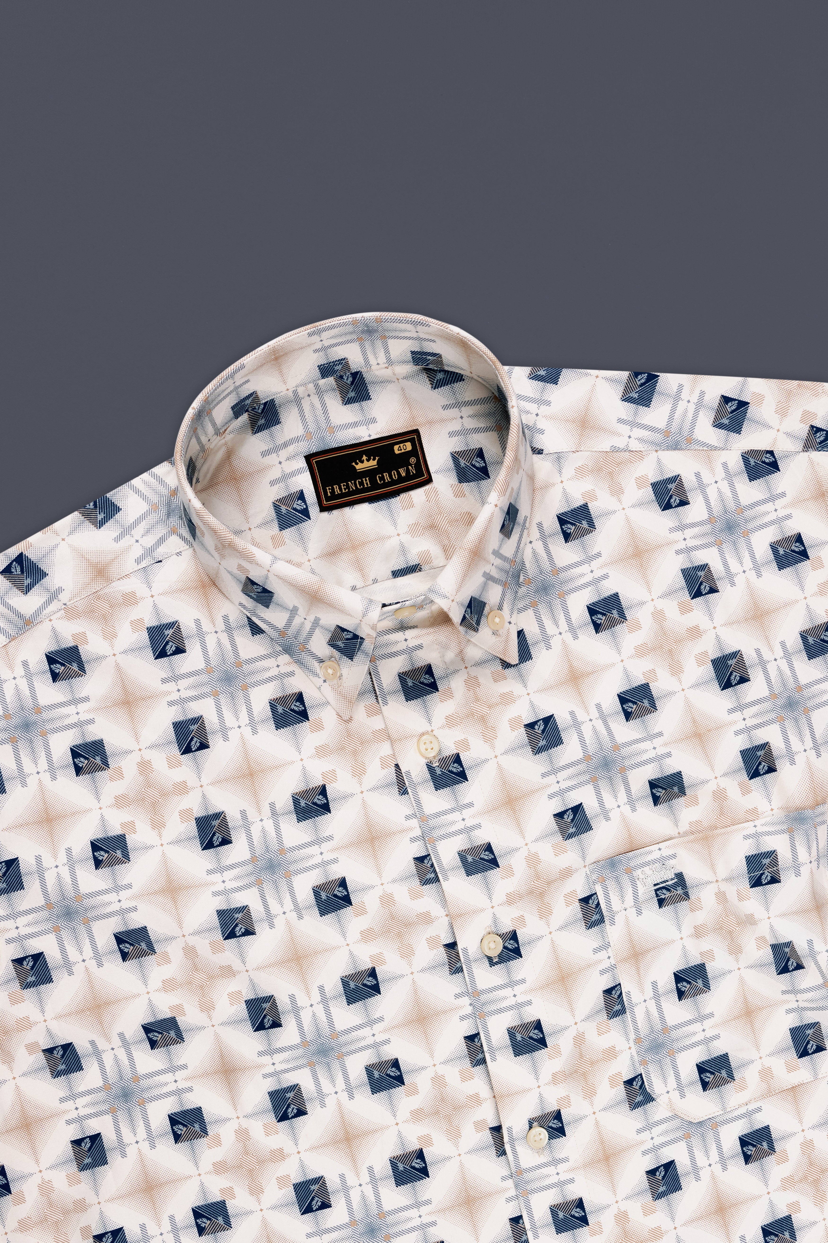 Elysian-Fantasy Cream And Cello Blue Printed Subtle Sheen Super Soft Premium Cotton Semi Formal Shirt