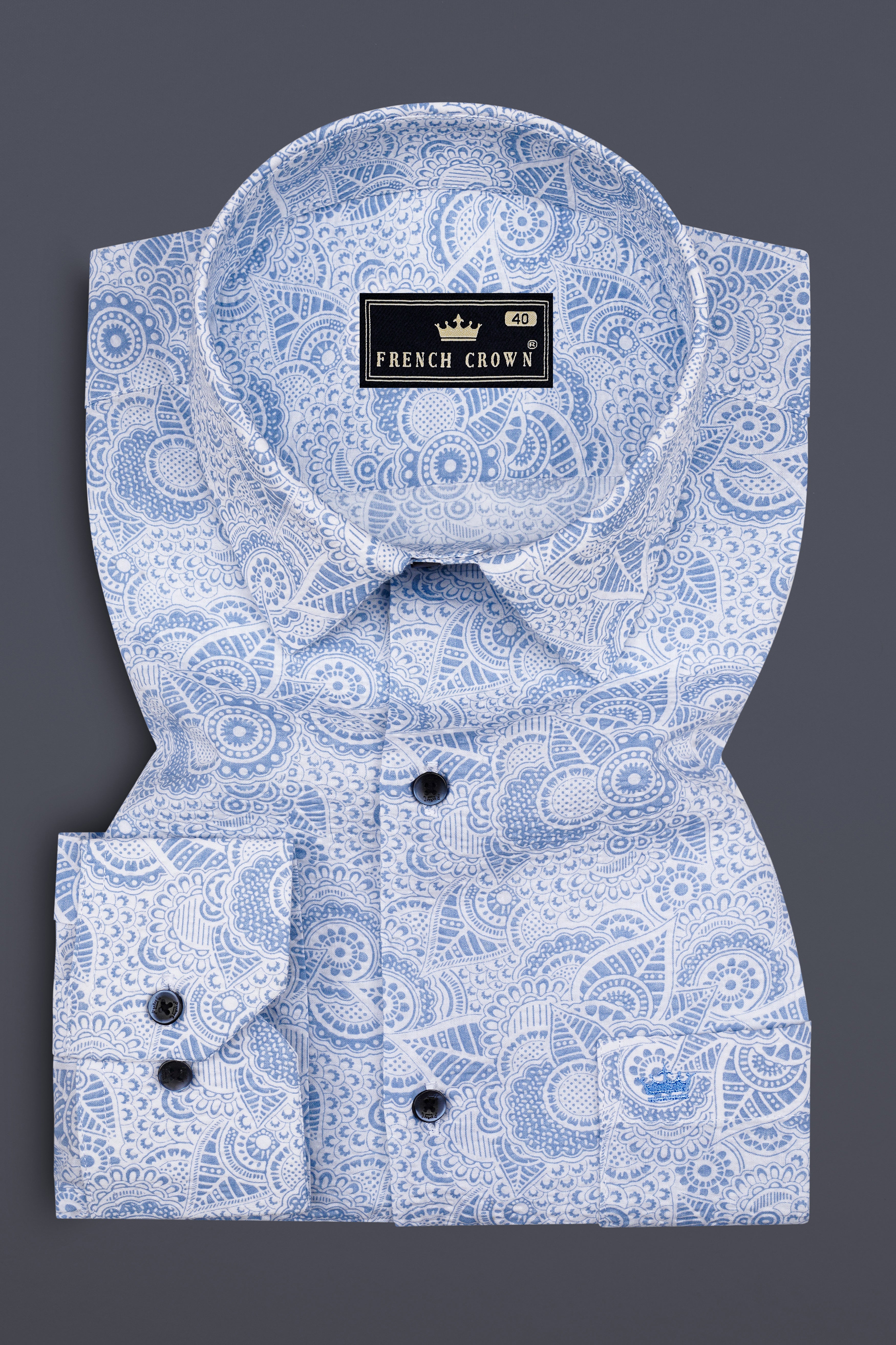Lunara-Moonstone Blue Floral Paisley Printed Seersucker Super Soft Premium Cotton Casual Shirt