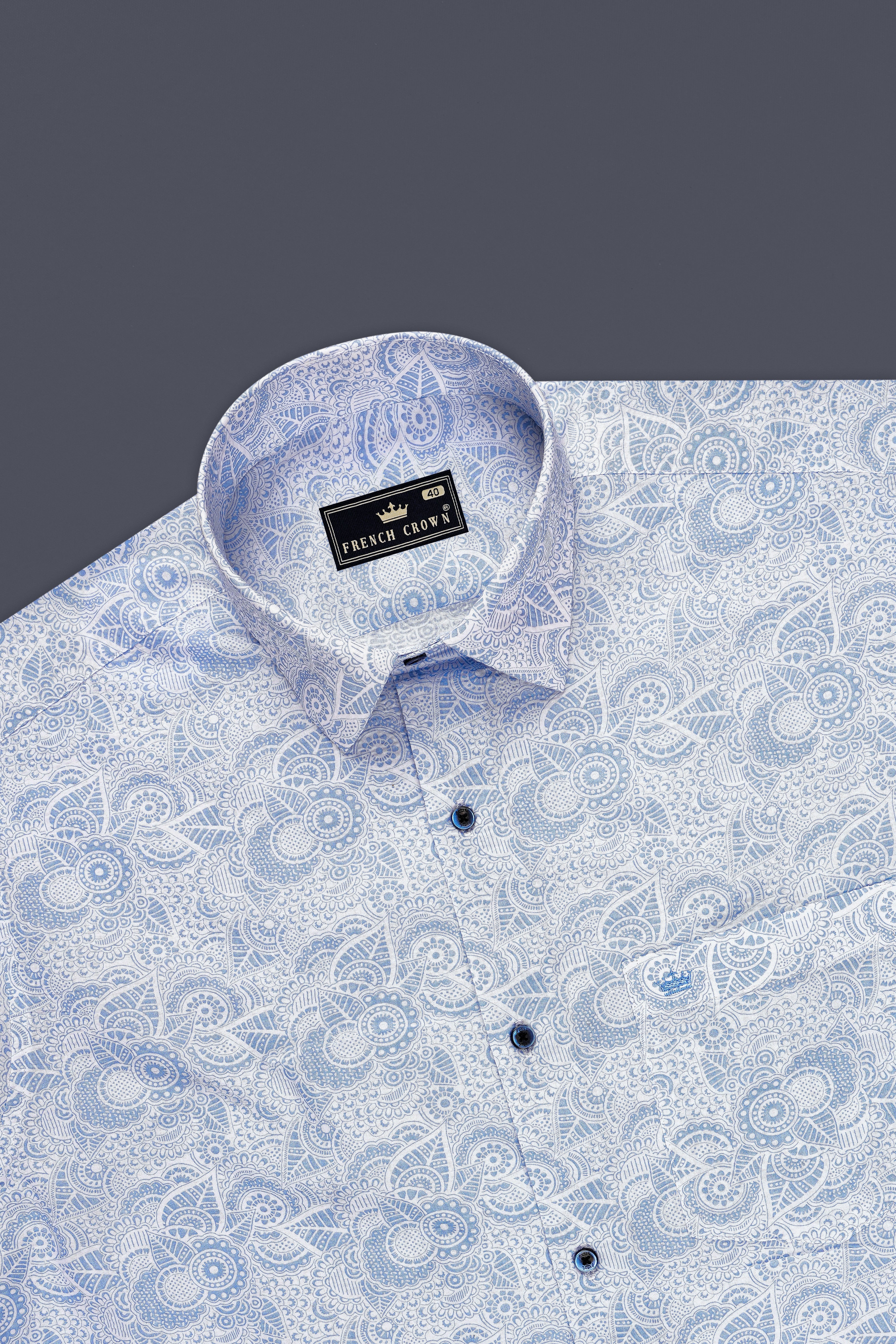 Lunara-Moonstone Blue Floral Paisley Printed Seersucker Super Soft Premium Cotton Casual Shirt