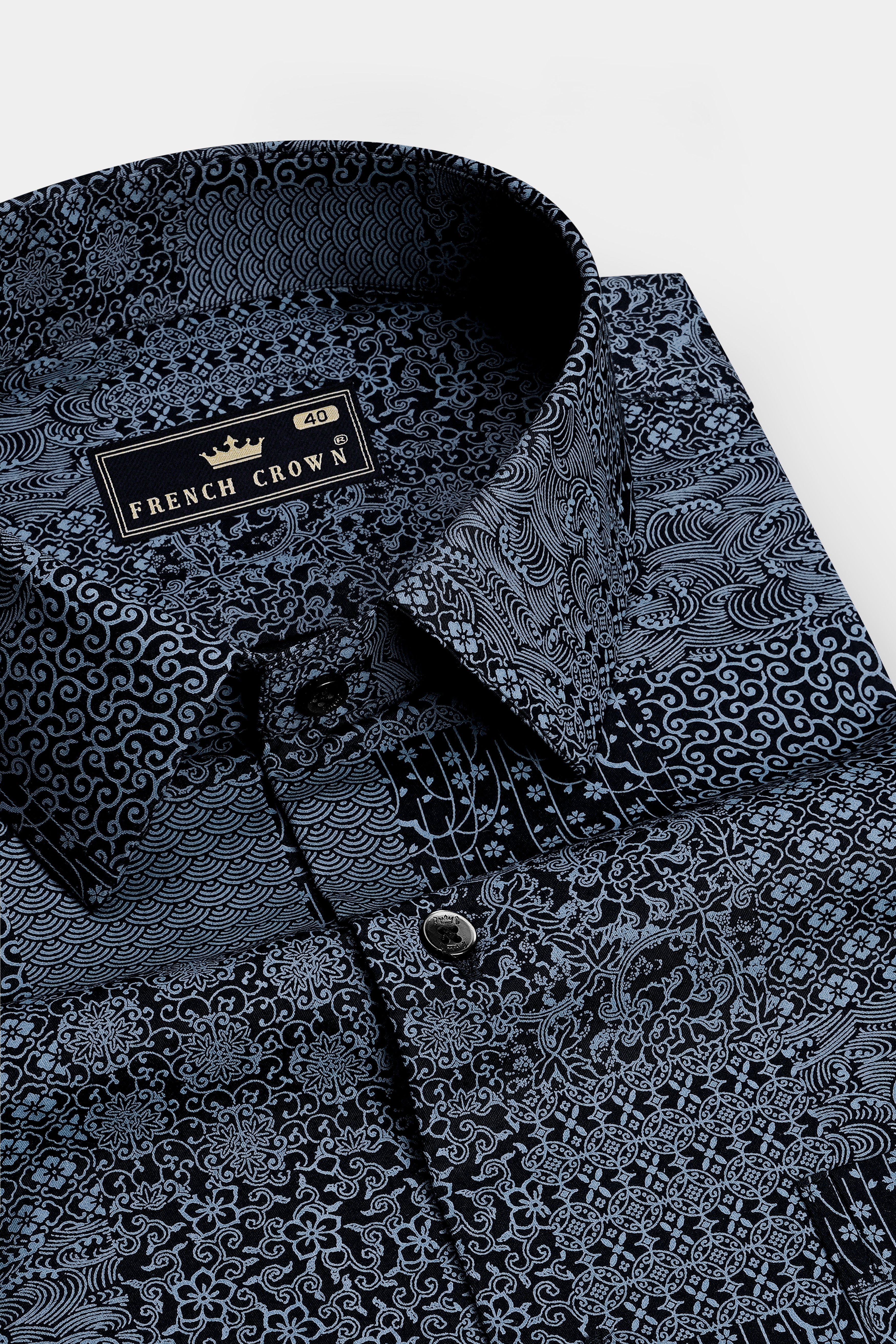 Noiris-Gunmetal Blue And Jade Black Printed Subtle Sheen Super Soft Premium Cotton Semi Formal Shirt