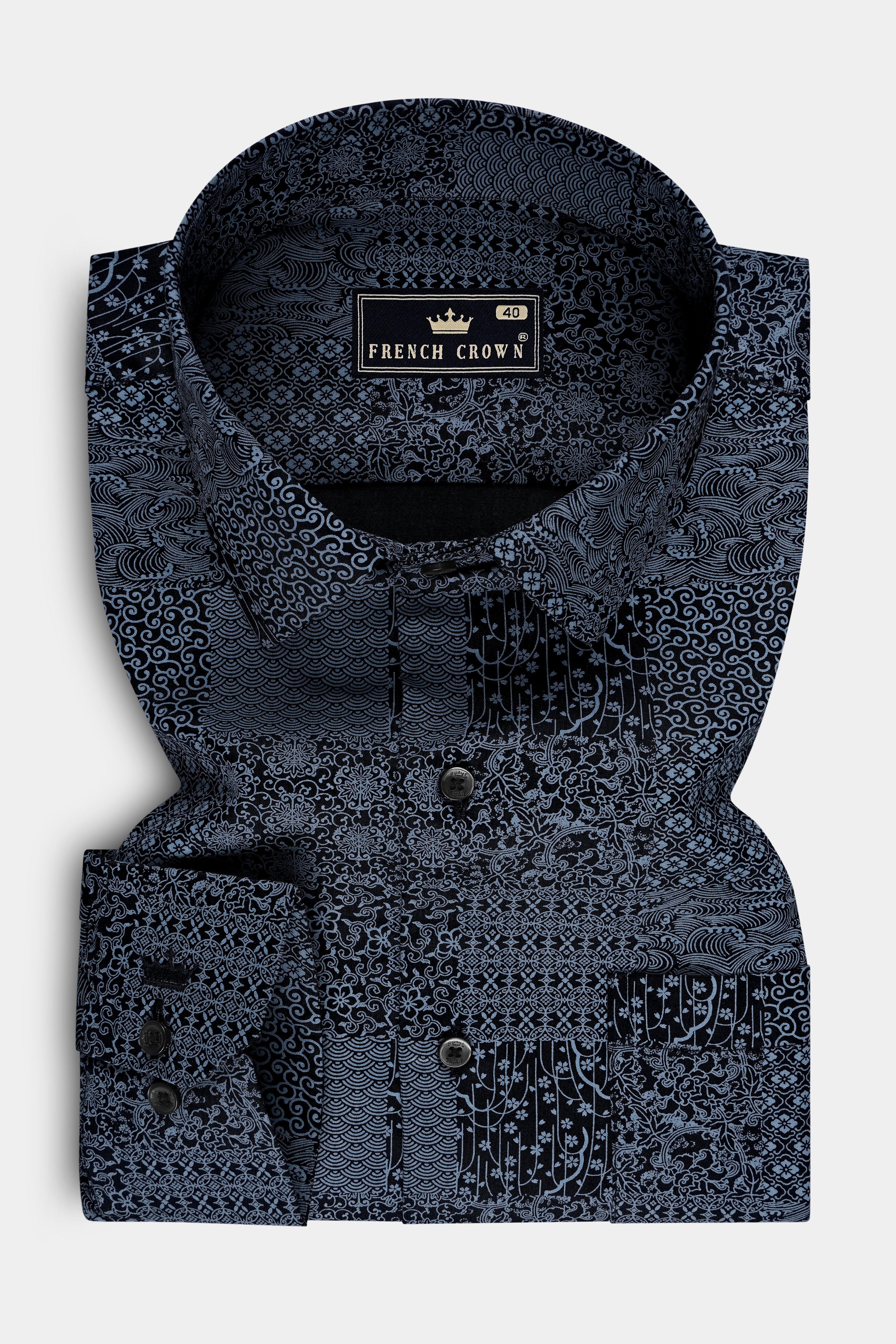 Noiris-Gunmetal Blue And Jade Black Printed Subtle Sheen Super Soft Premium Cotton Semi Formal Shirt
