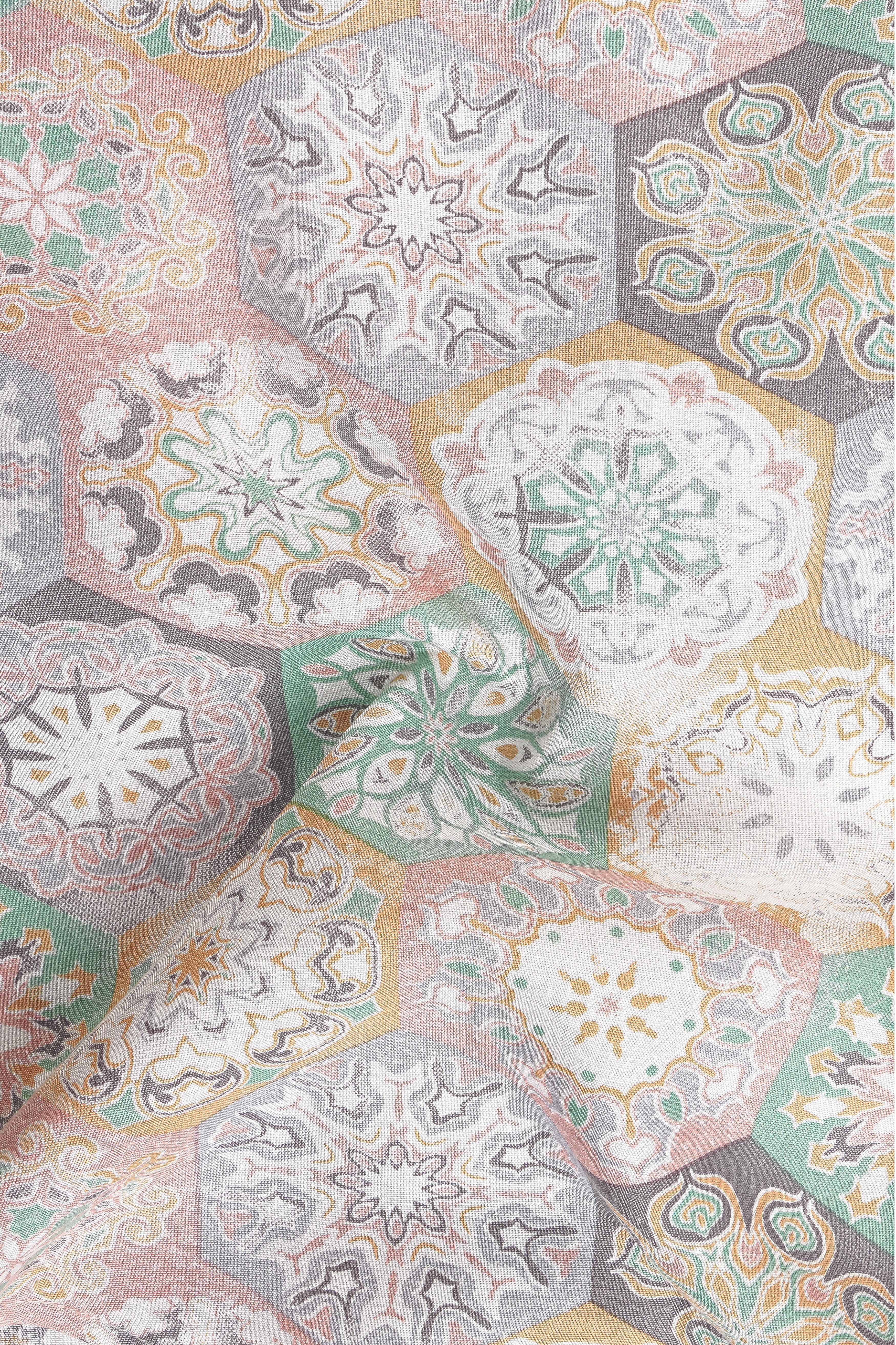 Kaleido-Potpourri Peach And Opal Green Mandala Tile Printed Super Soft Premium Cotton Casual Shirt