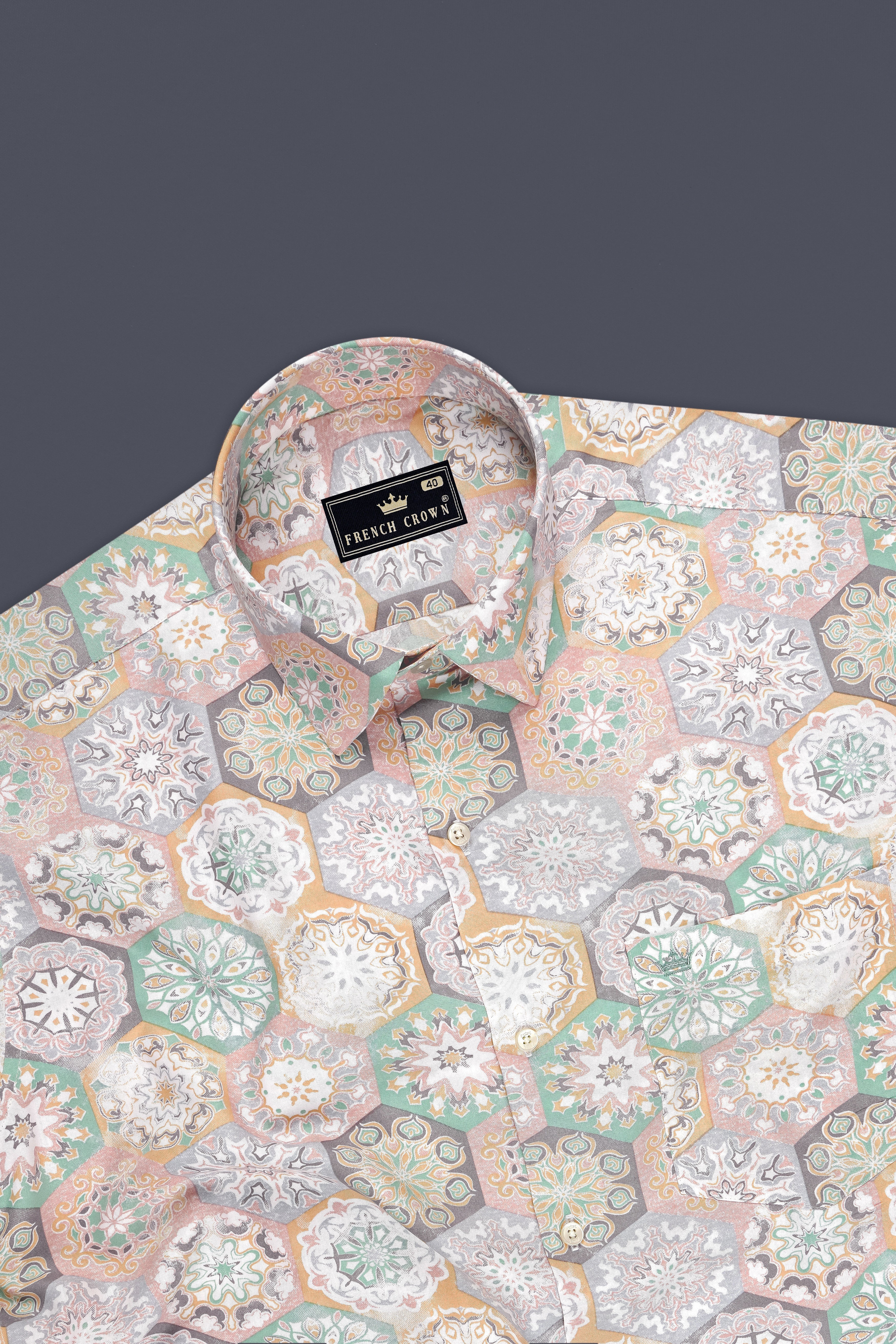 Kaleido-Potpourri Peach And Opal Green Mandala Tile Printed Super Soft Premium Cotton Casual Shirt