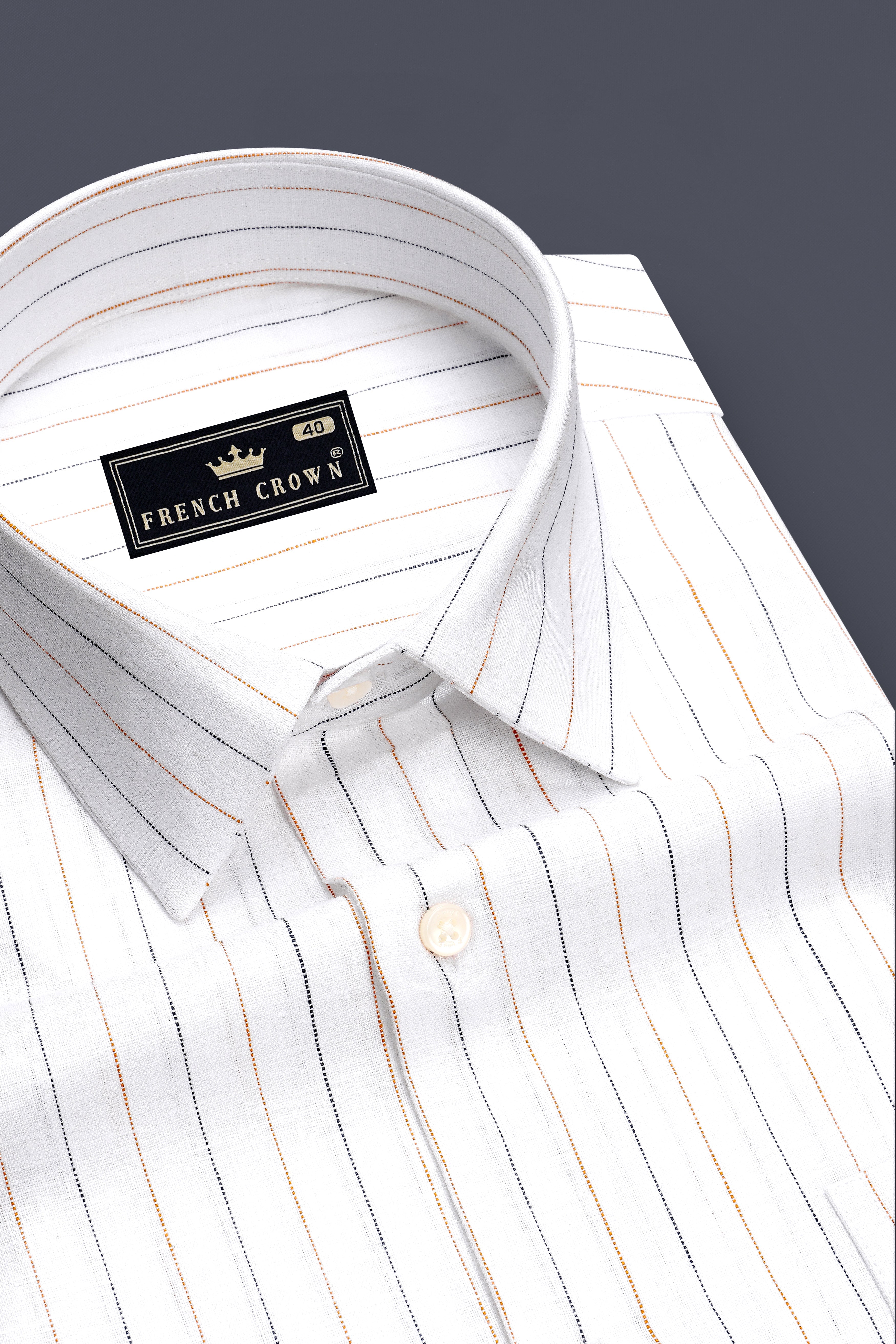 Ignite-Bright White And Fuel Orange Pin Striped 100% Pure Luxurious Linen Dress Shirt