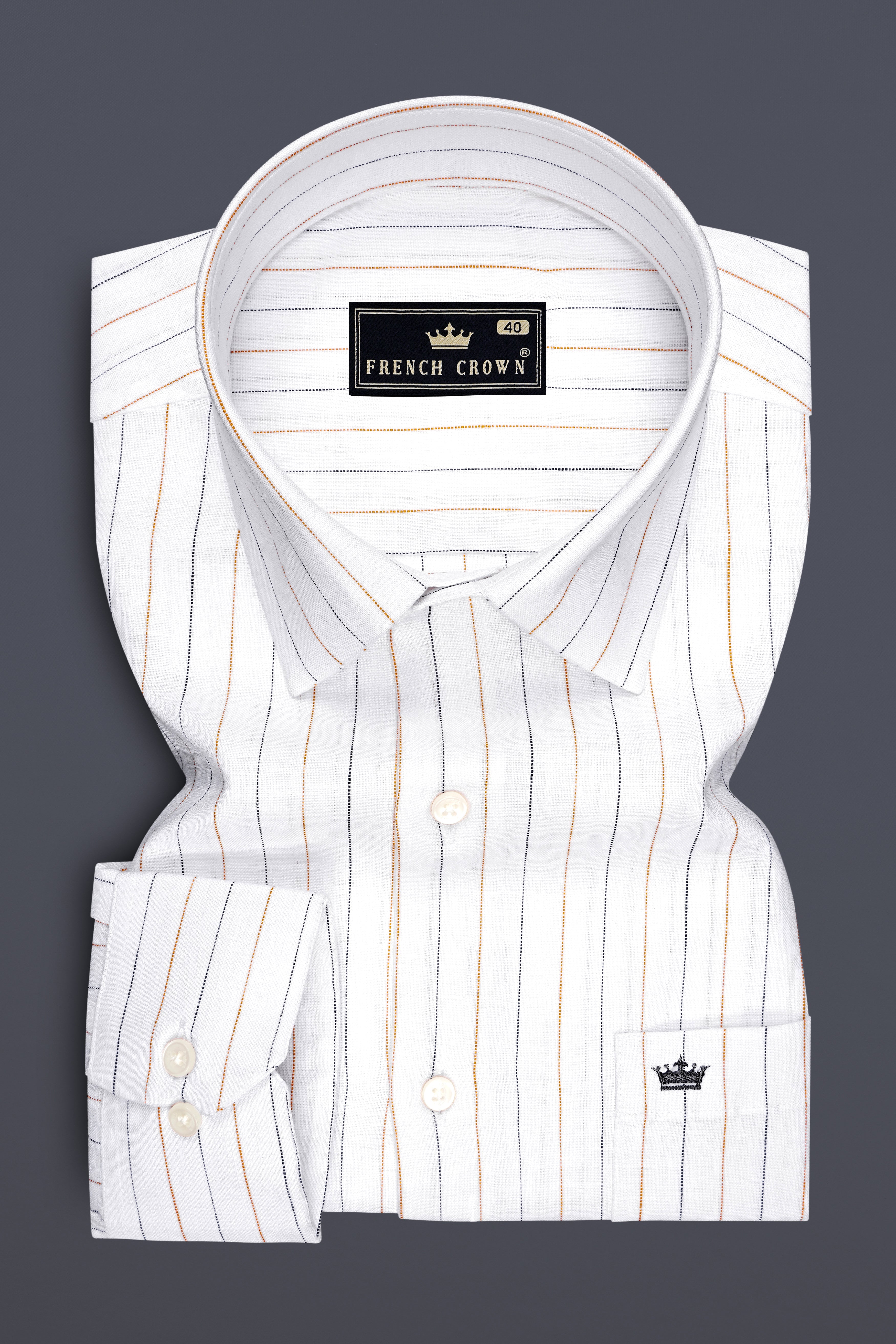 Ignite-Bright White And Fuel Orange Pin Striped 100% Pure Luxurious Linen Dress Shirt