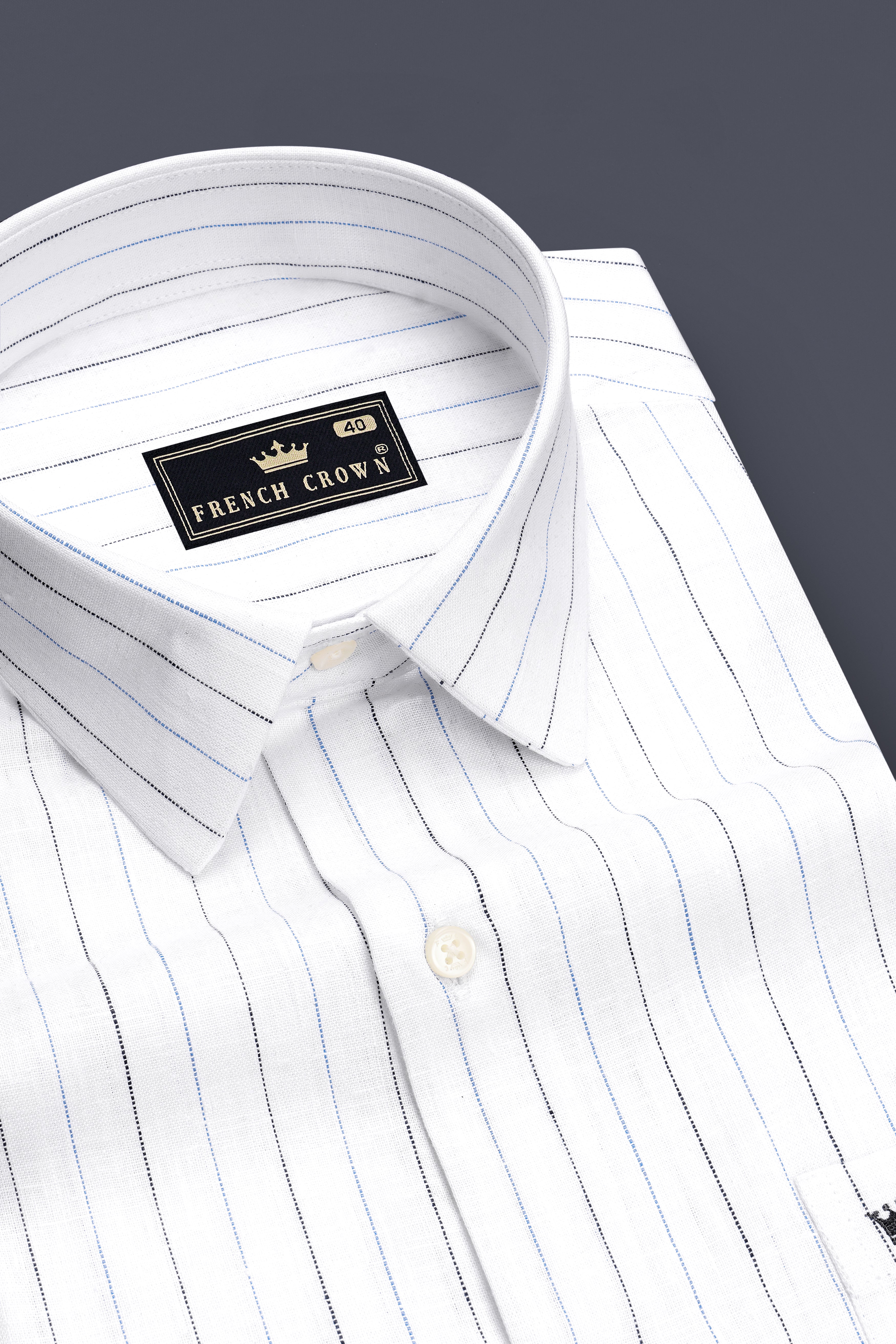 Aero-Bright White And Pastel Blue Pin Striped 100% Pure Luxurious Linen Dress Shirt