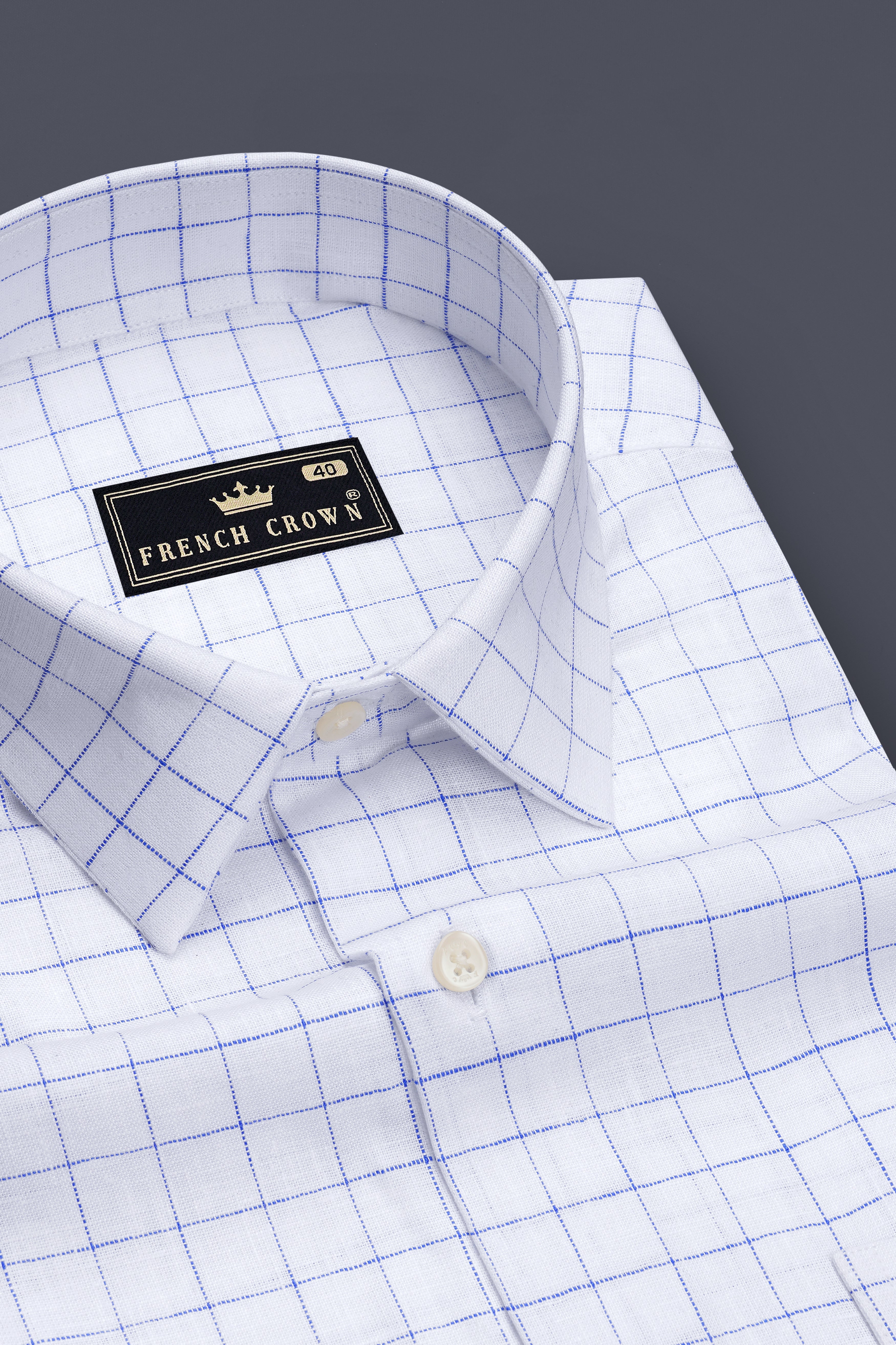 Lumen-Bright White And Periwinkle Blue Windowpane Luxurious Linen Dress Shirt
