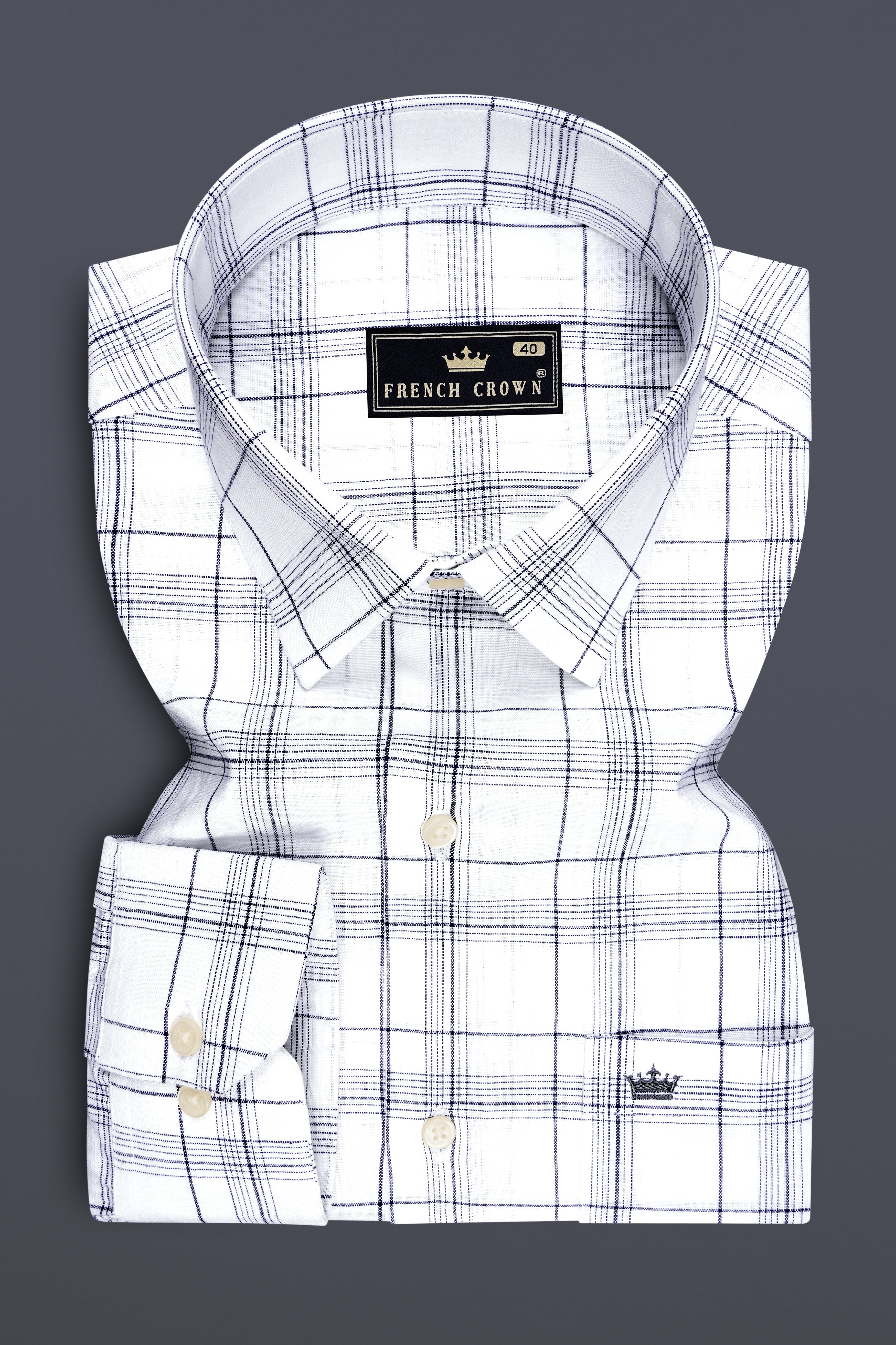 Azure-Bright White And Ebony Blue Plaid Luxurious Linen Dress Shirt
