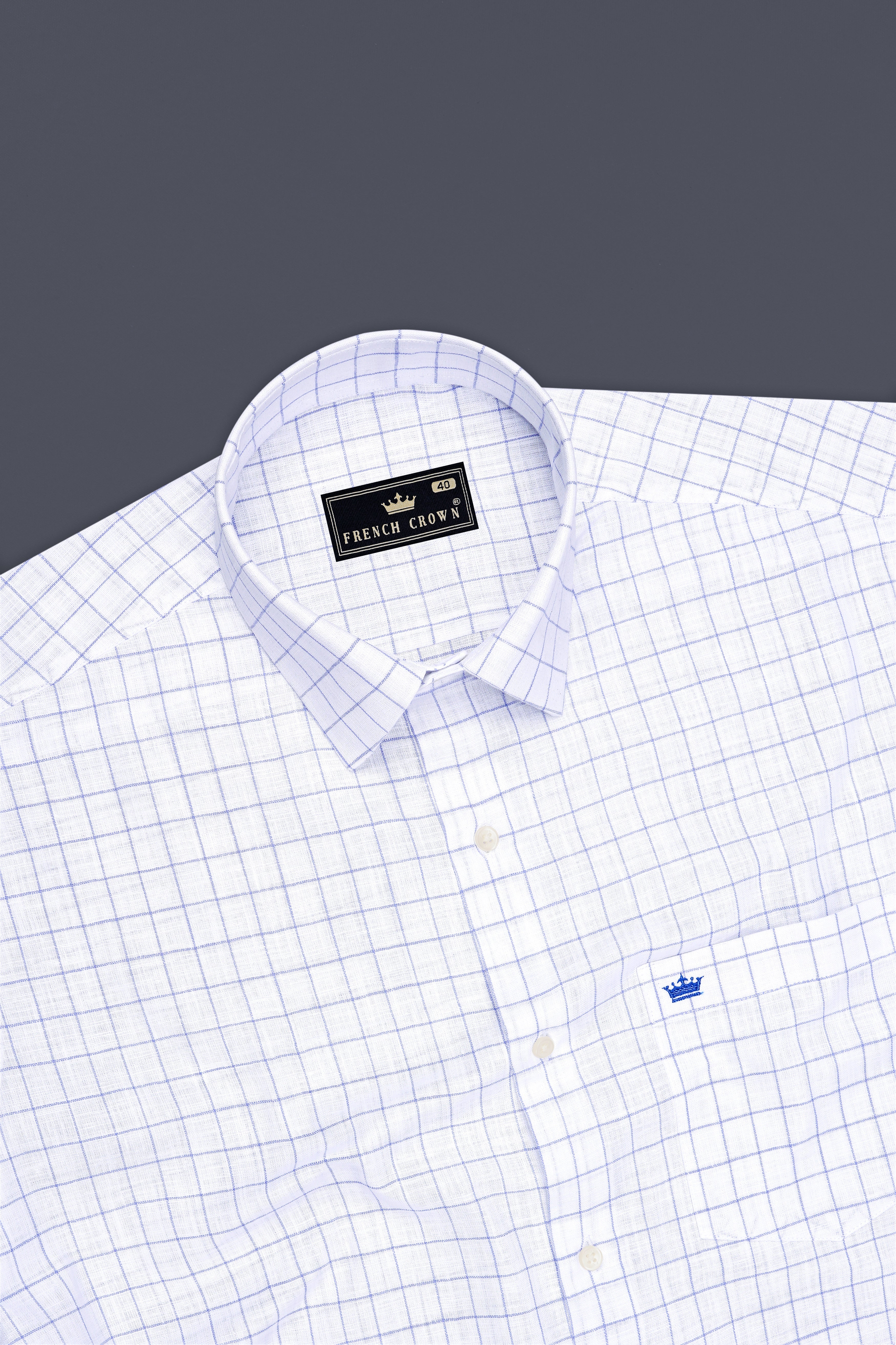 Verve-Bright White And Carolina Blue Windowpane 100% Pure Luxurious Linen Dress Shirt
